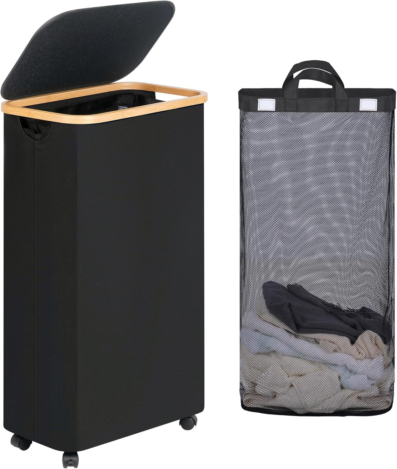 efluky Slim Laundry Basket with Wheels, Narrow Rolling Laundry Hamper with Lid and Removable Bag, Aesthetic Dirty Clothes Hamper on Wheels for Laundry Room, Bedroom, Dorm and Bathroom, 75L Dark Black
