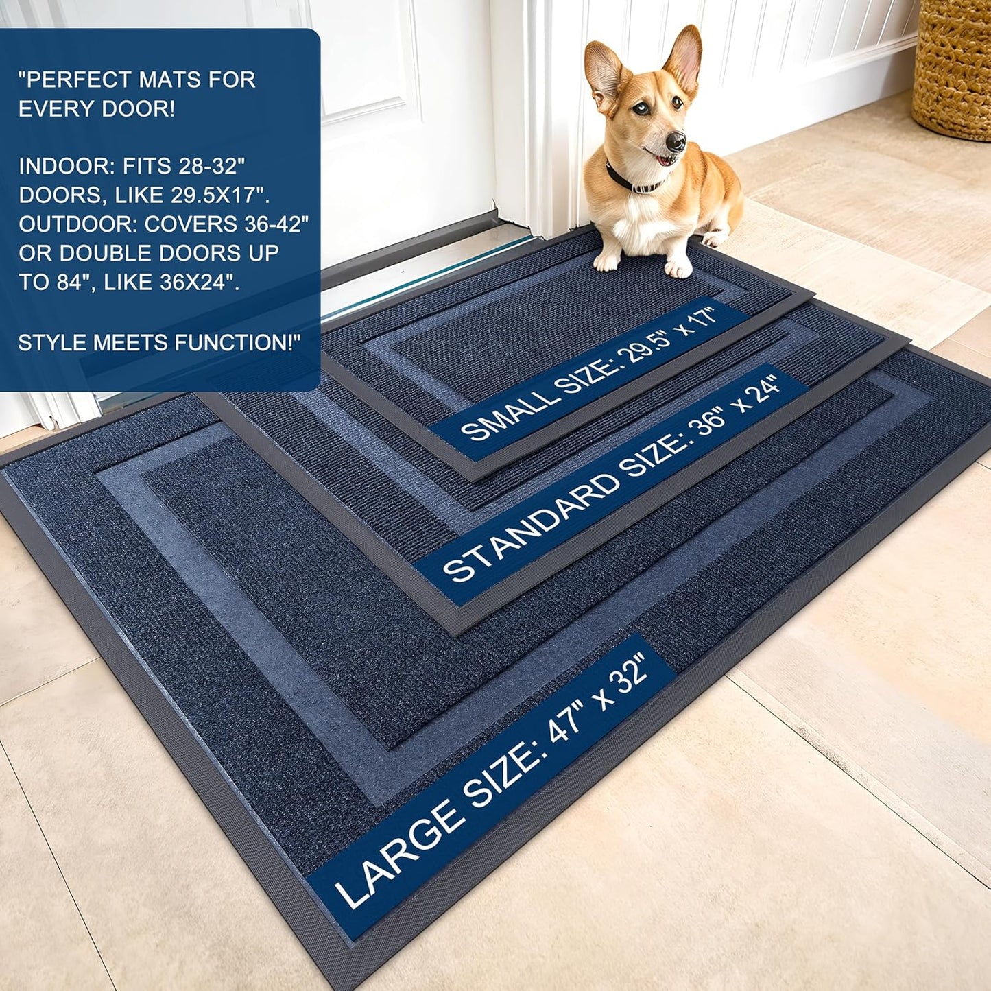 OLANLY Front Door Mat Indoor Outdoor Entrance, Waterproof All-Season, All-Weather Doormat, Sturdy Natural Rubber, Fade Resistant, Low Profile, Easy Clean Patio Porch Entryway Mat, 47x17, Blue