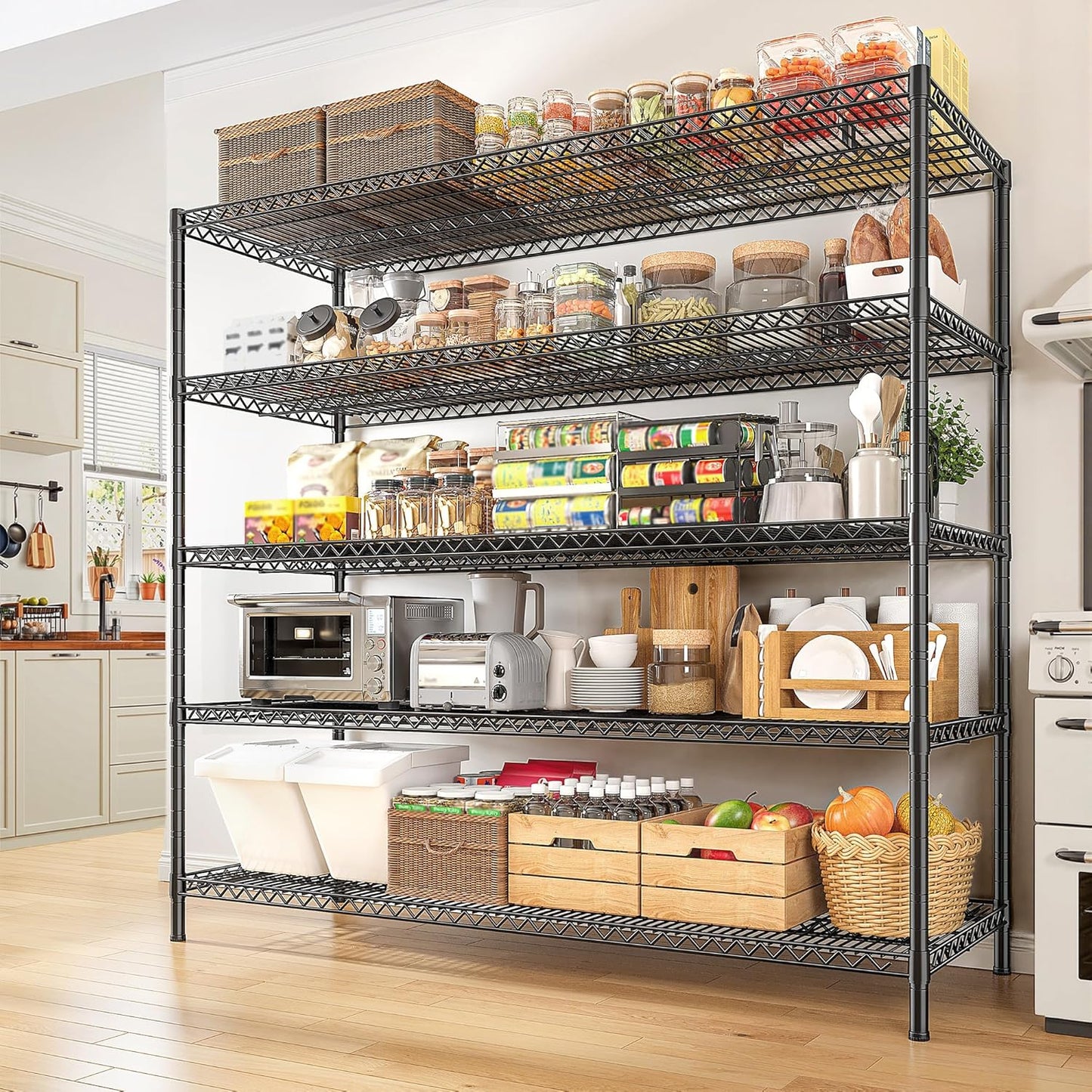REIBII 55.5" W Storage Shelves 3200LBS Metal Shelving 5 Tier Wire Shelving Unit Garage Shelving Heavy Duty Metal Shelves for Storage Rack Commercial Adjustable Pantry Shelf, 55.5" W X 18''D X 71" H