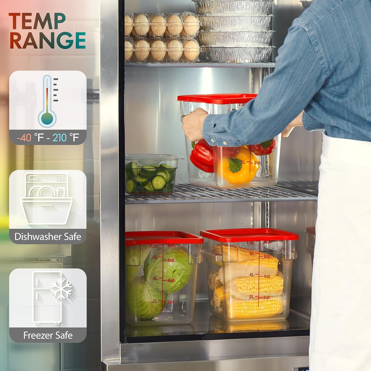 CURTA 4 Pack Food Storage Container with Red Lid - NSF Listed Commercial Grade in 8.0 Qt - Square, Clear, Polycarbonate