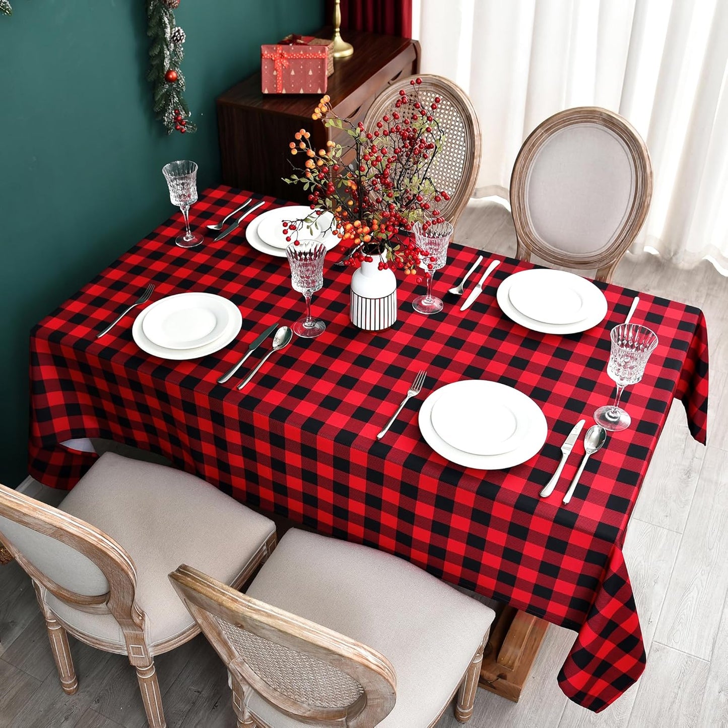 Red Waterproof Plaid Christmas Tablecloth Fabric - Square 58x58 Inch Classic Gingham Checker Holiday Table Cloth for Indoor Use - Xmas Table Cover for Picnics, BBQs, and Parties