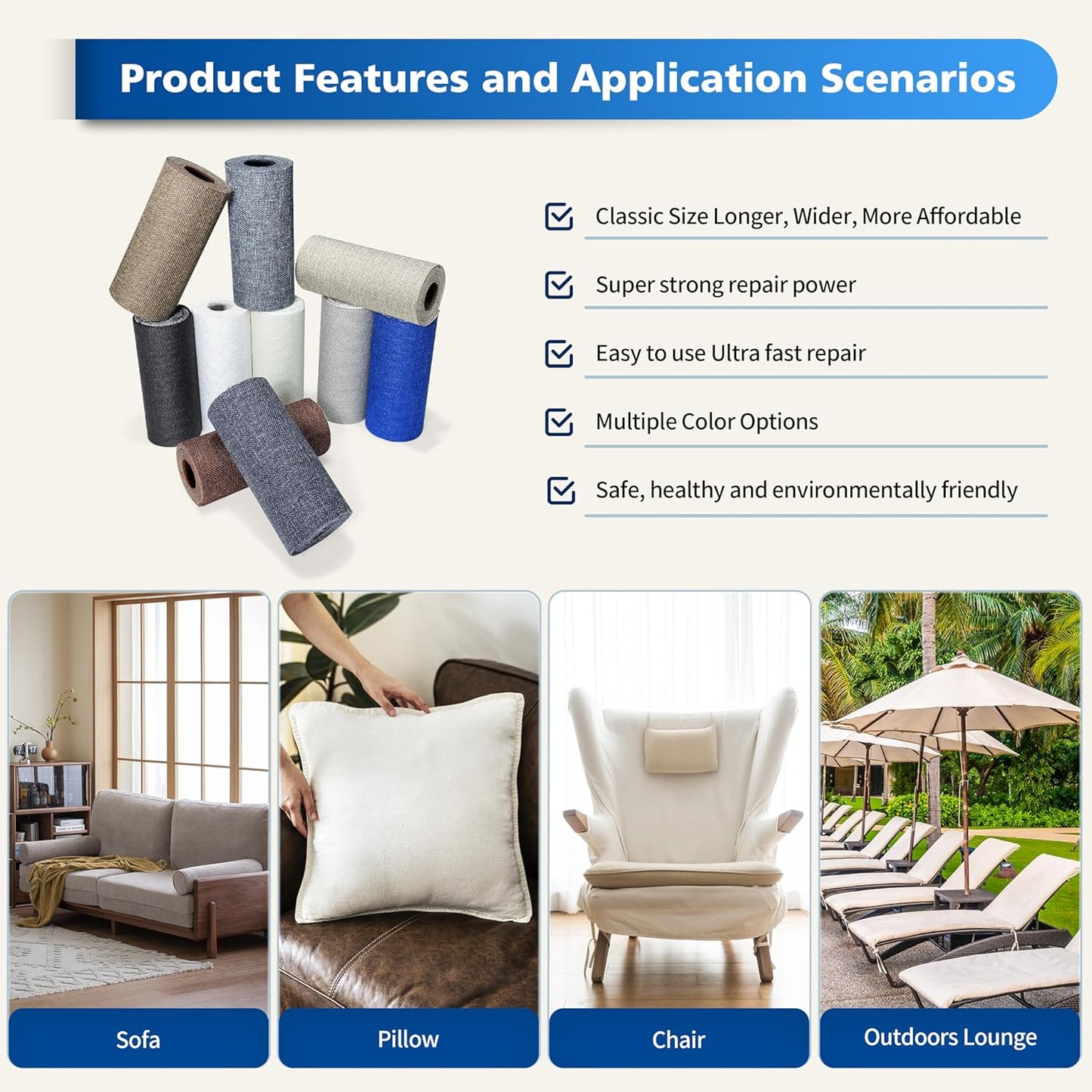 KING MOUNTAIN Linen Repair Patches, Self-Adhesive Fabric Patches, 4 X 63 inch Extra Size, Multi Color, Can be Used for Sofa Repair and Linen Clothes Repair (Navy Blue)