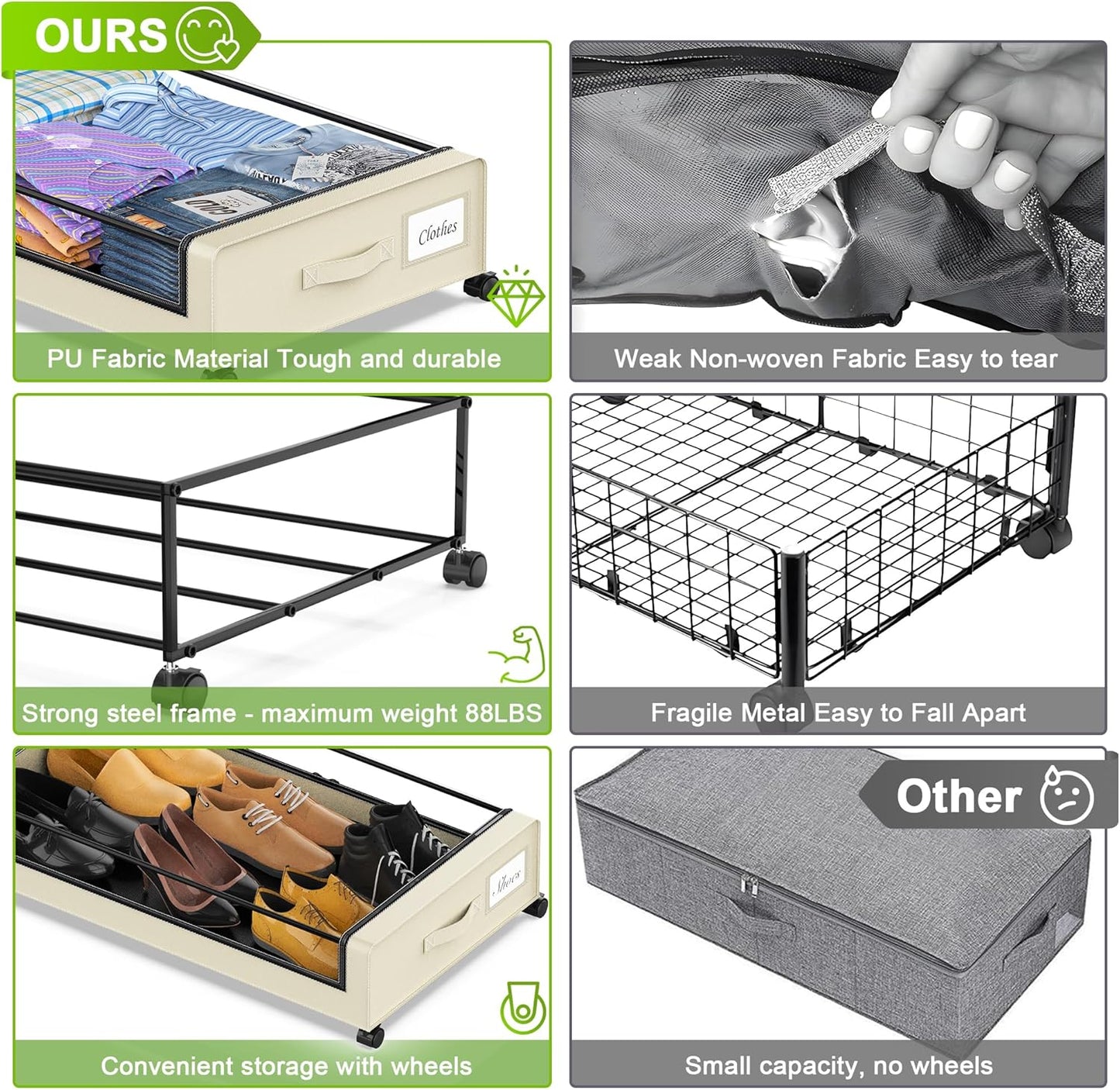 Under Bed Storage with Wheels, Under the Bed Storage Containers with Clear Lids & Label, Underbed Storage Bins, XXL 60L Rolling Metal Drawer for Clothes, Shoes, Toys, Books (Beige)