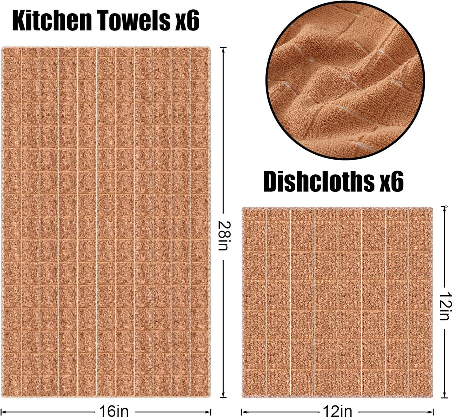 Homaxy Microfiber Kitchen Towels and Dishcloths Set, 12 Pack Soft and Absorbent Dish Hand Towels Bulk, 28 x 16 Inch & 12 x 12 Inch Quick Drying Rags for Washing Dishes, Camel