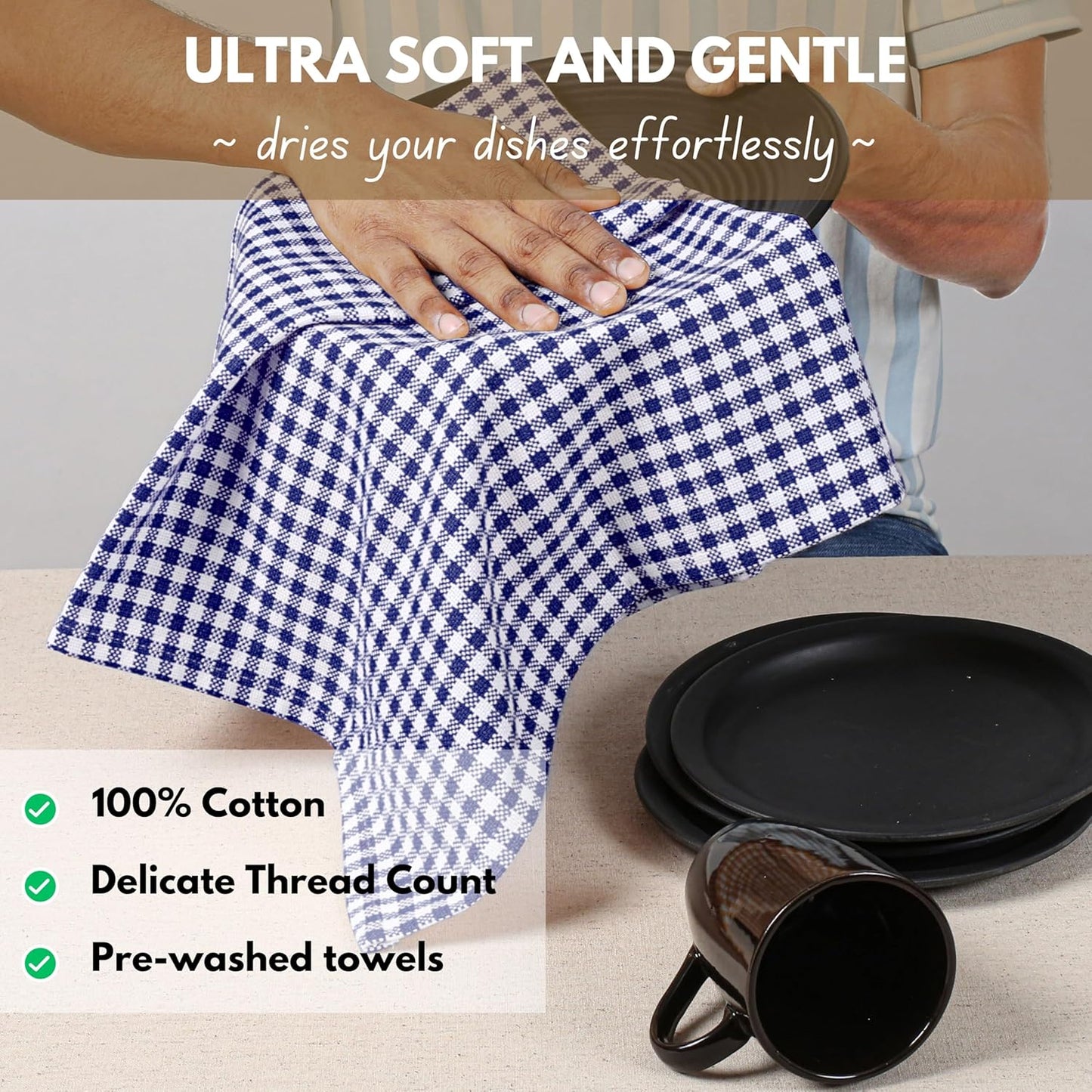 Native Fab Gingham Dish Towels 16x26 inches Set of 4 - Absorbent Washable Dishcloths, Dish Towels for Quick Drying Dishes, Kitchen Hand Towels with Hanging Loop, Blue White