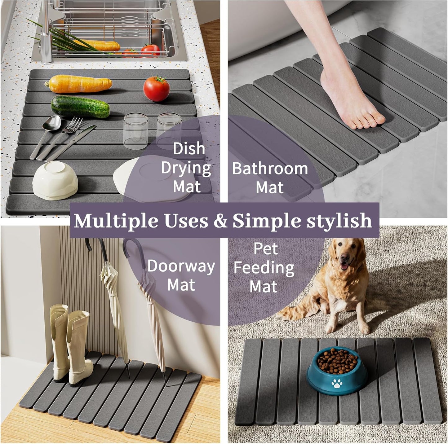 Large Stone Dish Drying Mats for Kitchen Counter – Foldable Quick Dry Stone Mat with Non-Slip Pad & Sandpaper, Super Absorbent Diatomaceous Earth Mat for Dishes and Cups(Dark Gray 23.5"x15.5")