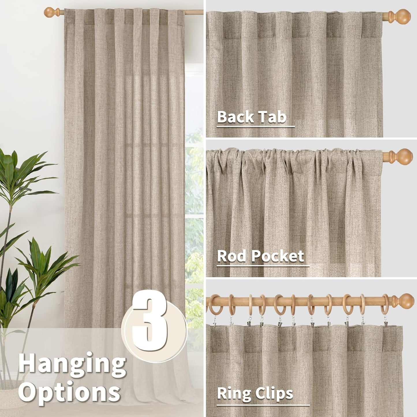 YoungsTex Dark Oatmeal Curtains 63 Inches Long for Living Room Window, Linen Semi Sheer Drapes Light Filtering with Rod Pocket Back Tab for Bedroom Farmhouse Rustic Privacy, 2 Panels, 52 X 63 Inch