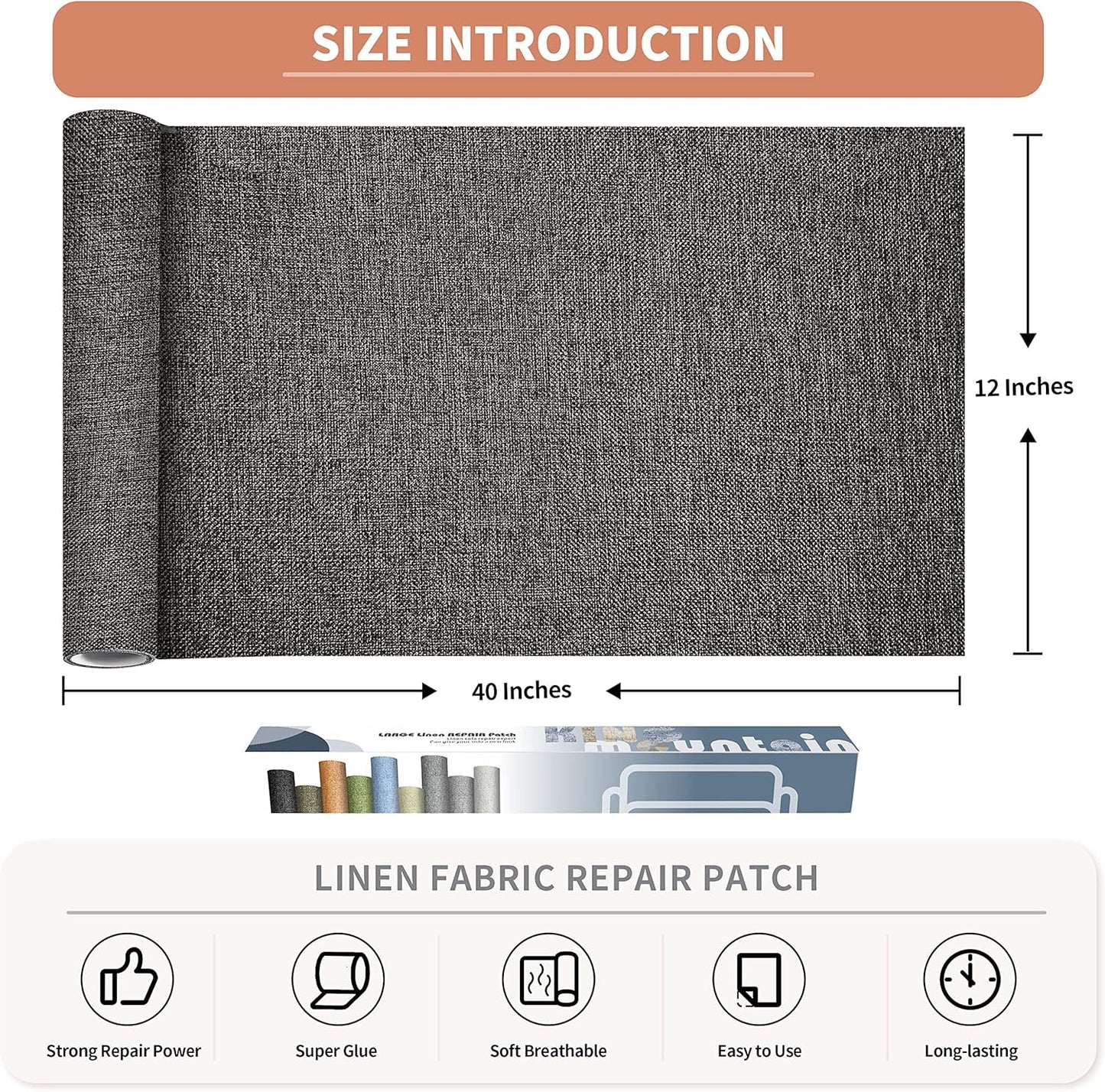 KING MOUNTAIN Coarse Linen Repair Patches, Self-Adhesive, 12x40 Inch, Dark Grey, Polyester, Washable, for Linen, Nylon, Cotton, Leather
