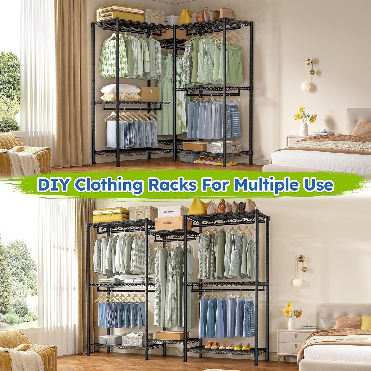 Raybee Clothes Rack Heavy Duty，Clothing Racks for Hanging Clothes with 5 Adjustable Hanging Rods, Metal Garment Rack for Bedroom, Laundry Room, Apartment,Gloss Black