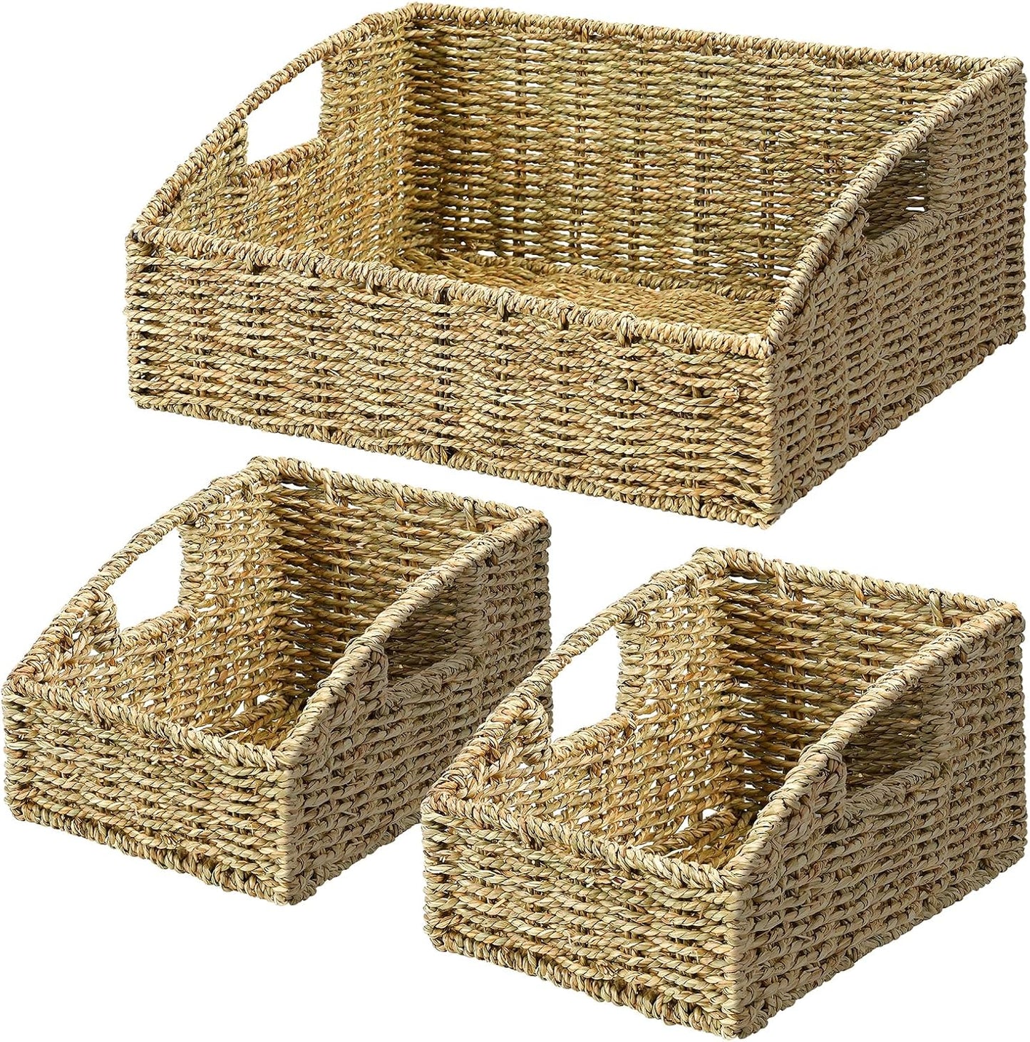 Ollieroo Natural Seagrass Storage Baskets, Handwoven Wicker Storage Bins with Built-in Handles, Storage Container Baskets for Shelves, Bedroom, Bathroom, Laundry Room or Kitchen(Green)