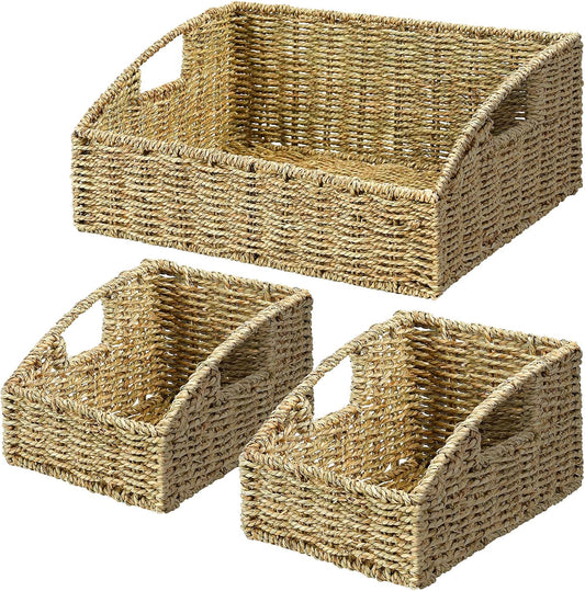 Ollieroo Natural Seagrass Storage Baskets, Handwoven Wicker Storage Bins with Built-in Handles, Storage Container Baskets for Shelves, Bedroom, Bathroom, Laundry Room or Kitchen(Green)