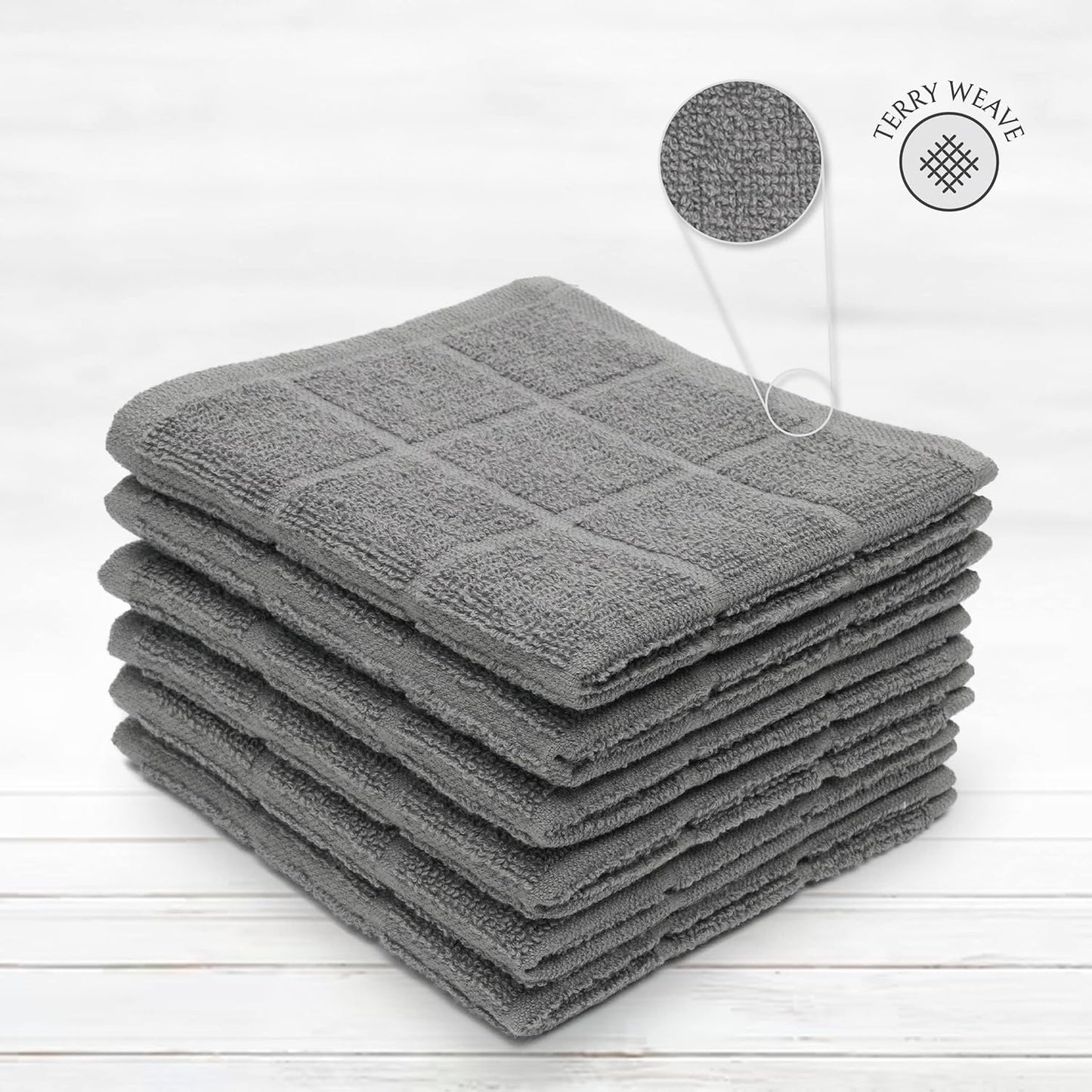 100% Cotton Terry Dish Cloth & Dish Towel, 6 Pack, Super Soft and Absorbent Kitchen Towels, Perfect for Kitchen Cleaning and Dish Washing (Grey 6 Pack)