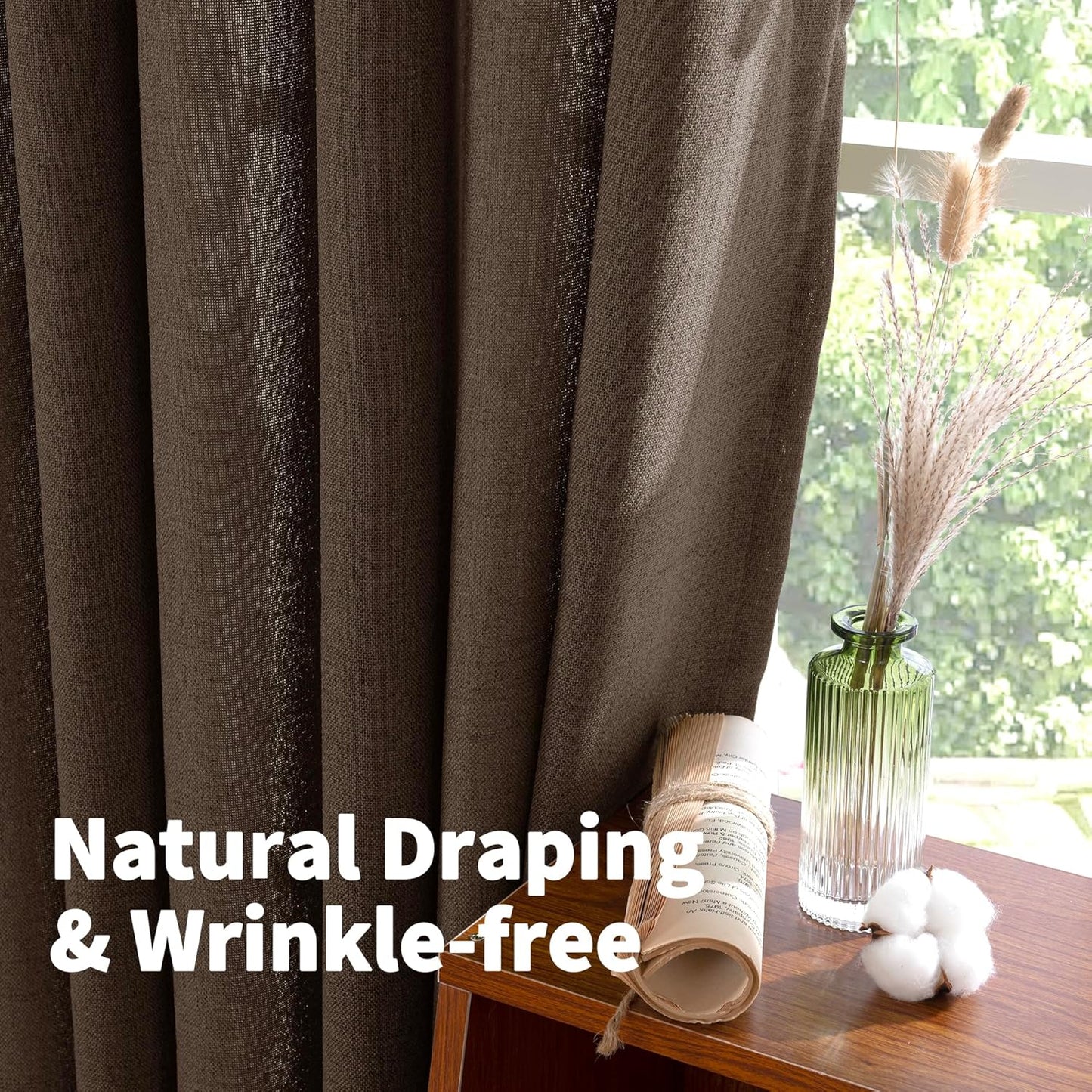 YoungsTex Dark Brown Linen Curtains for Living Room 2 Panels, Chocolate Light Filtering Window Drapes with Rod Pocket Back Tab Textured Semi Sheer for Dining Bedroom, 52 X 72 Inch
