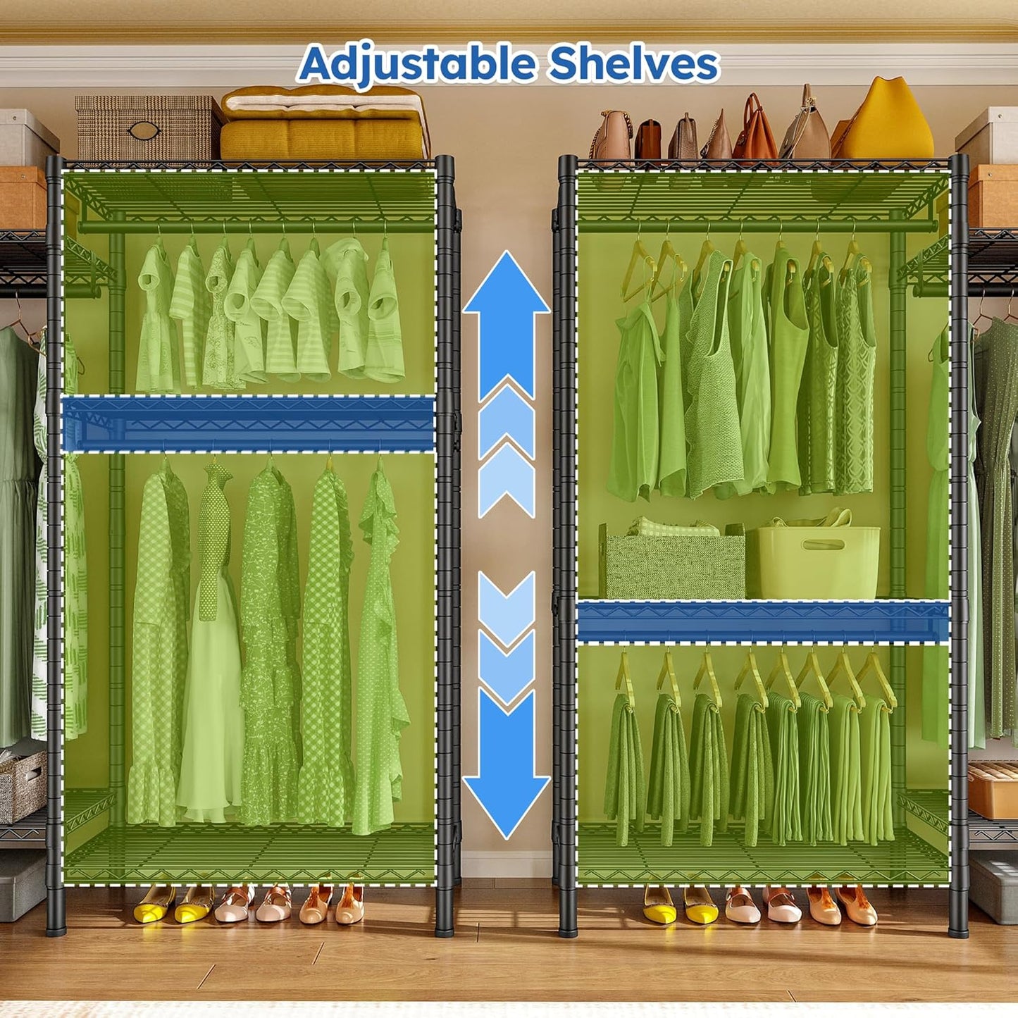 Raybee Clothes Rack Heavy Duty，Clothing Racks for Hanging Clothes with 5 Adjustable Hanging Rods, Metal Garment Rack for Bedroom, Laundry Room, Apartment,Gloss Black