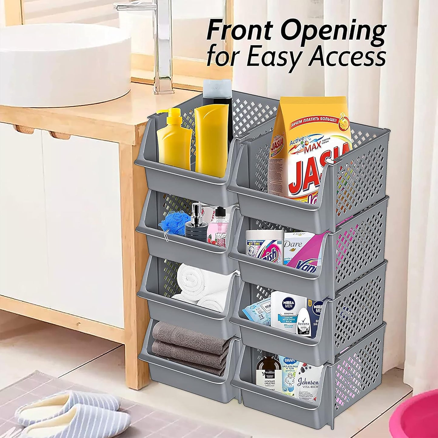 TidyFriend Plastic Stackable Bins for Pantry, 8 Pack Large Stacking Bins Open Front Kitchen, and Bathroom Organization, Open Front Design (Grey)