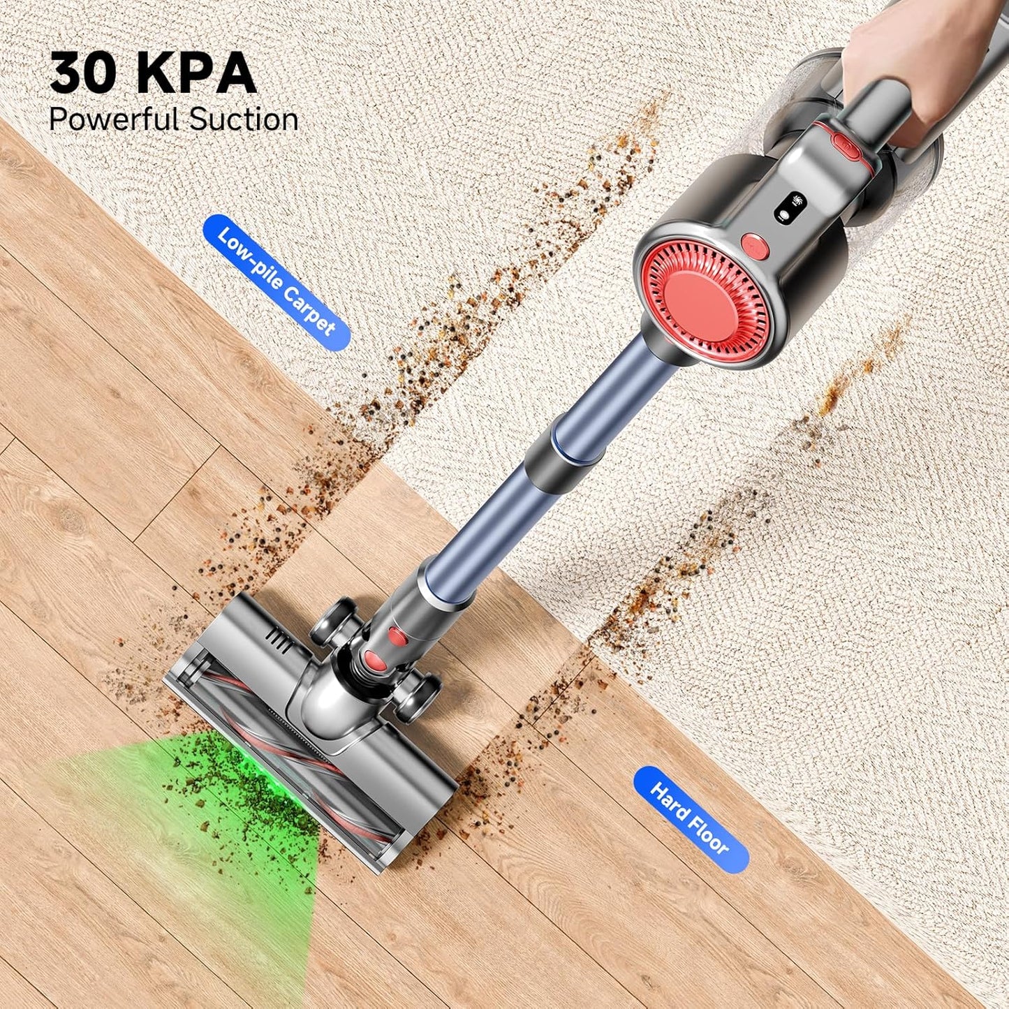 Cordless Vacuum Cleaner, 30Kpa Lightweight Stick Vacuum with 45 Mins Runtime, Rechargeable Battery, LED Anti-Tangle Brush, 6-in-1 Stick Vacuum for Carpet, Hardwood Floors & Pet Hair