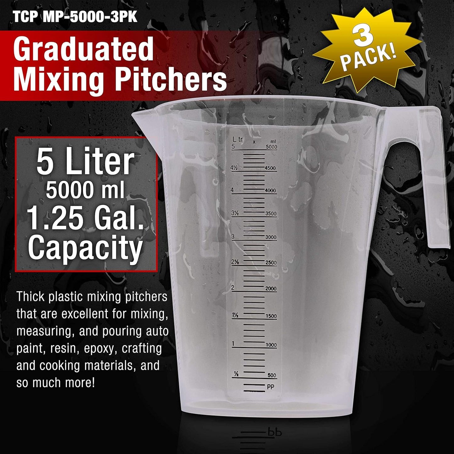 TCP Global 5 Liter (5000ml) Gallon Plastic Graduated Measuring and Mixing Pitcher (Pack of 3) - Holds 5 Quarts 1.25 Gallons- Pouring Cup, Measure & Mix Paint, Resin, Epoxy, Kitchen Cooking Baking