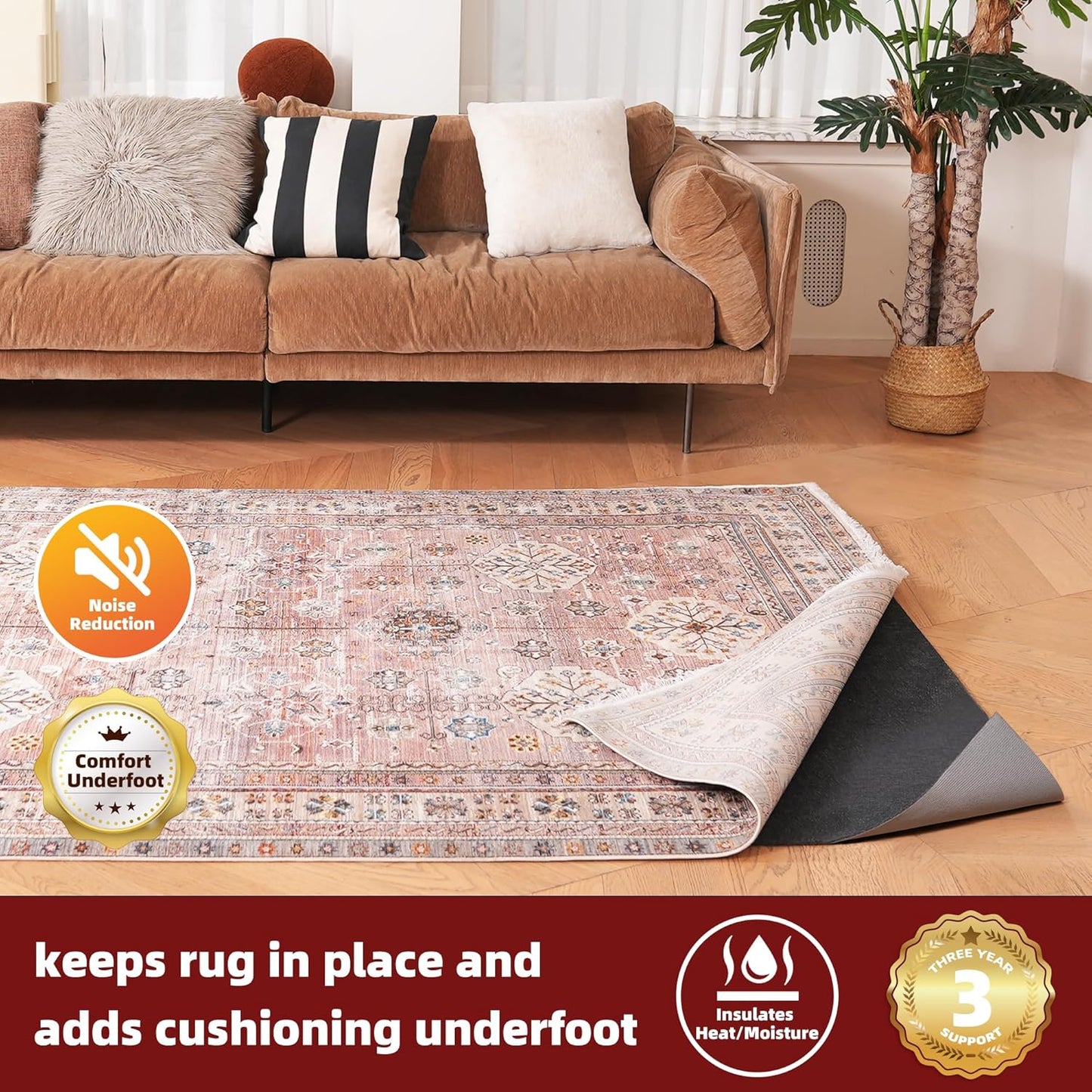 BAGAIL Felt and Natural Rubber Backing Rug Pads 1/4” Thick, 2 x 6 Ft Non Slip Carpet Gripper Keep Rugs in Place, Under Area Rug Protective Cushioned Pads, Carpet Runners, Hardwood Floors Protection