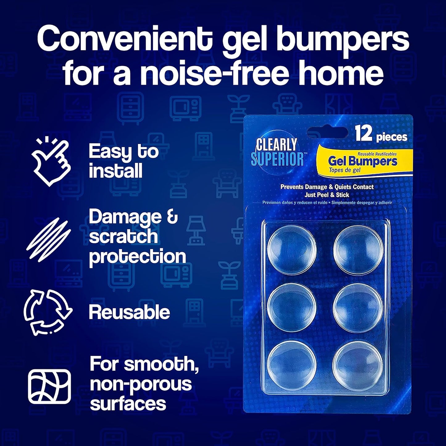 12-Pack Clearly Superior Gel Bumpers. Small Rectangle 1.5" x .5" Protects Surfaces & Quiets Contact. Use on Furniture, Doors, Cabinets, Walls & Appliances. Self Adhesive, Just Press to Apply