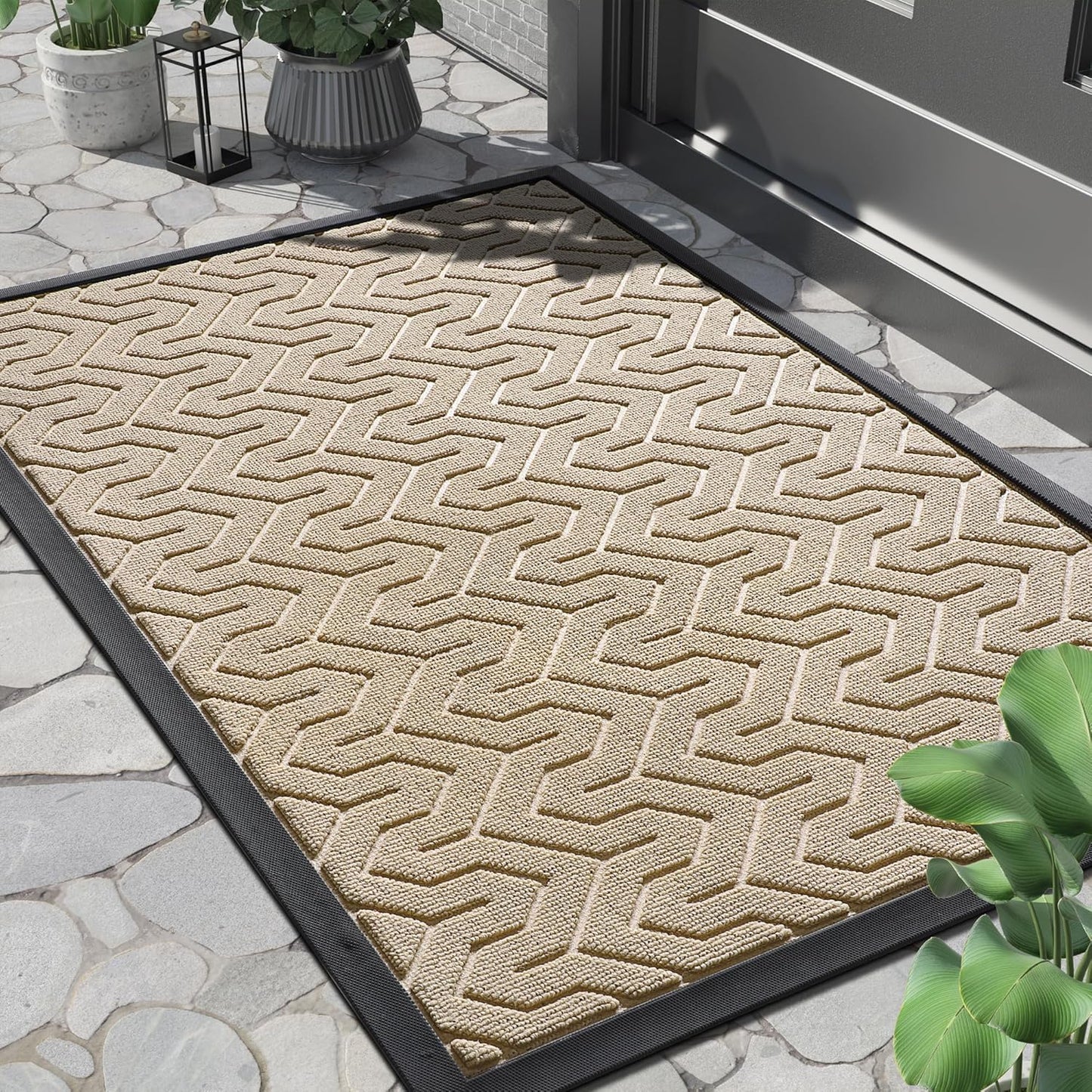 Yimobra Front Door Mat Outside Entrance 29.5x17, Waterproof Heavy Duty Outdoor Mats for Front Door, Non Slip Rubber Entry Mat for Garage Patio, Light Beige