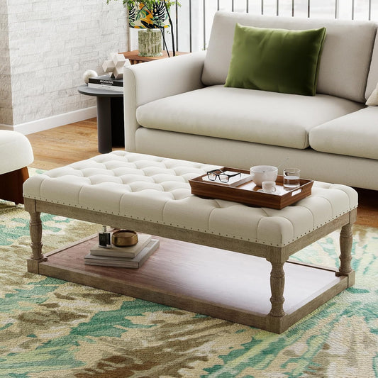 48" Large Ottoman with Storage Coffee Table, Upholstered Tufted Linen Ottoman Bench with Solid Wood Shelf for Living Room, Bedroom, Holds 250lbs (Ivory)