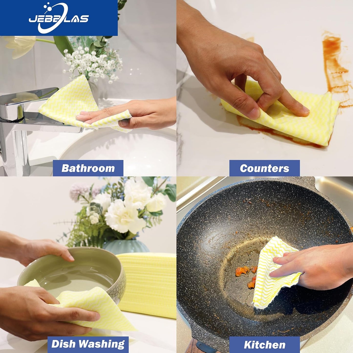 JEBBLAS Handi Wipes Reusable Cloths Dry Cleaning Cloths Dish Towel Dish Cloths Handy Cleaning Wipes,Pack of 50, Yellow