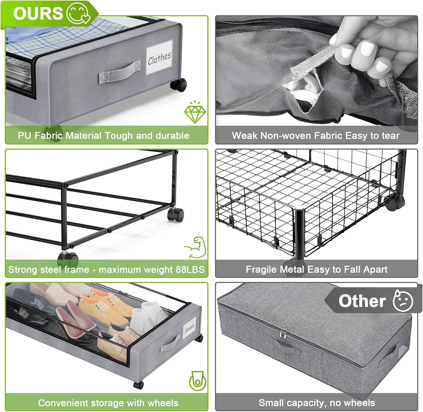 Under Bed Storage with Wheels, 4-Pack Under the Bed Storage Containers with Clear Lids & Label, Underbed Storage Bins, XXL 60L Rolling Metal Drawer for Clothes, Shoes, Toys, Books - Gray