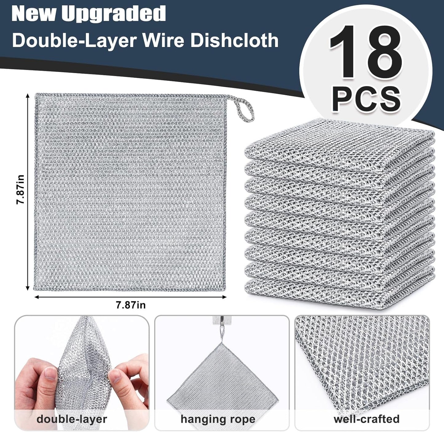 Navona 18 Pcs New Upgrade Steel Wire Dishcloth,Double-Layer Steel Wire Cleaning Cloth,Powerful Cleaning Non-Scratch Wire Dishcloth Rag for Cookware, Sinks, Dishes, Stove Tops, Small