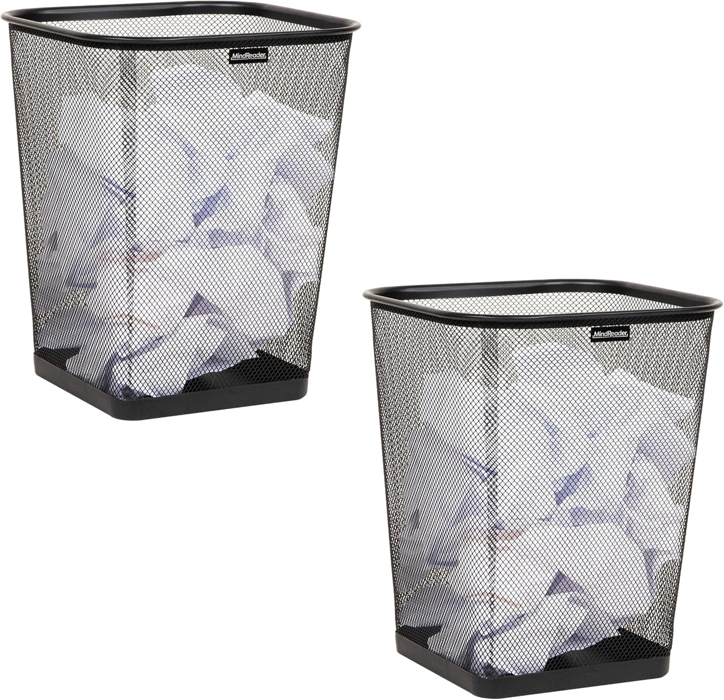 Mind Reader Mesh Trash Can, Waste Paper Basket, Square, Office, Metal Mesh, Set of 2, Black