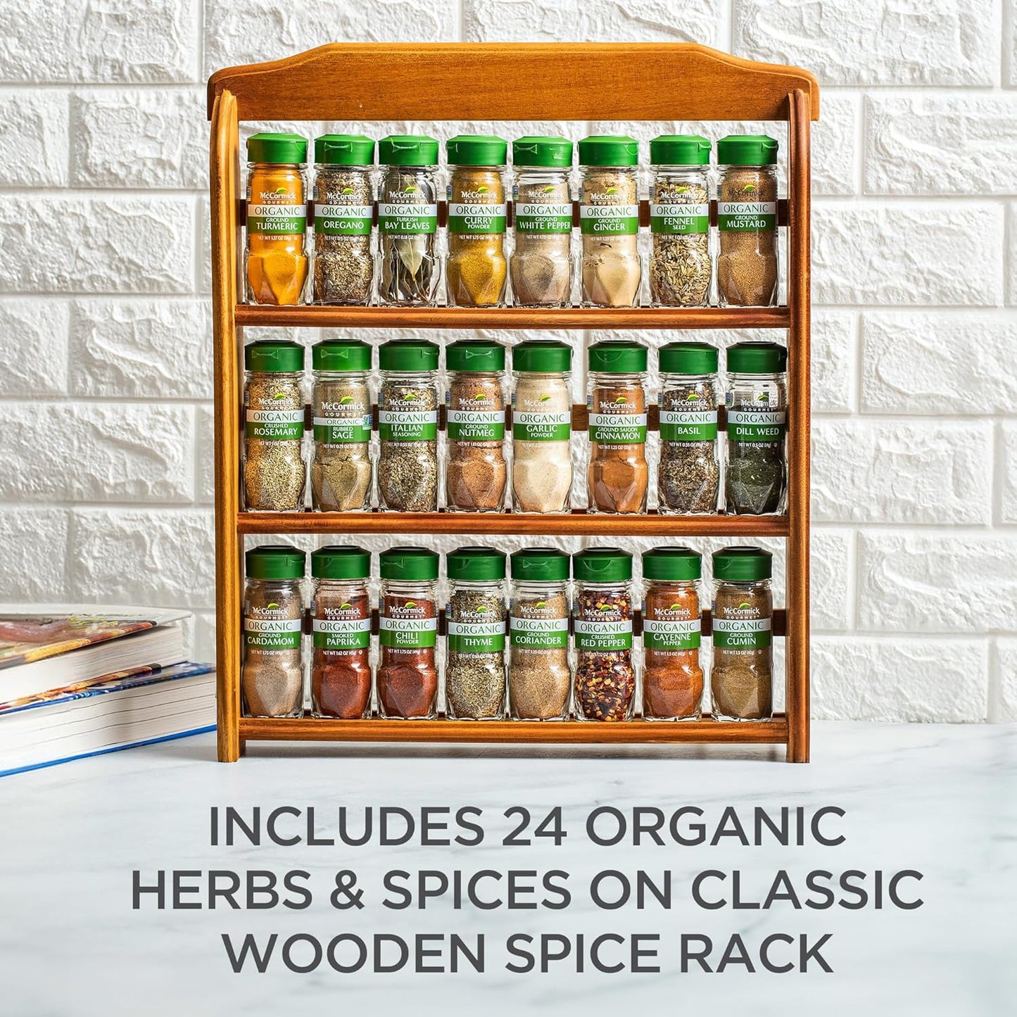McCormick Gourmet Three Tier Wood 24 Piece Organic Spice Rack Organizer with Spices Included, 27.6 oz