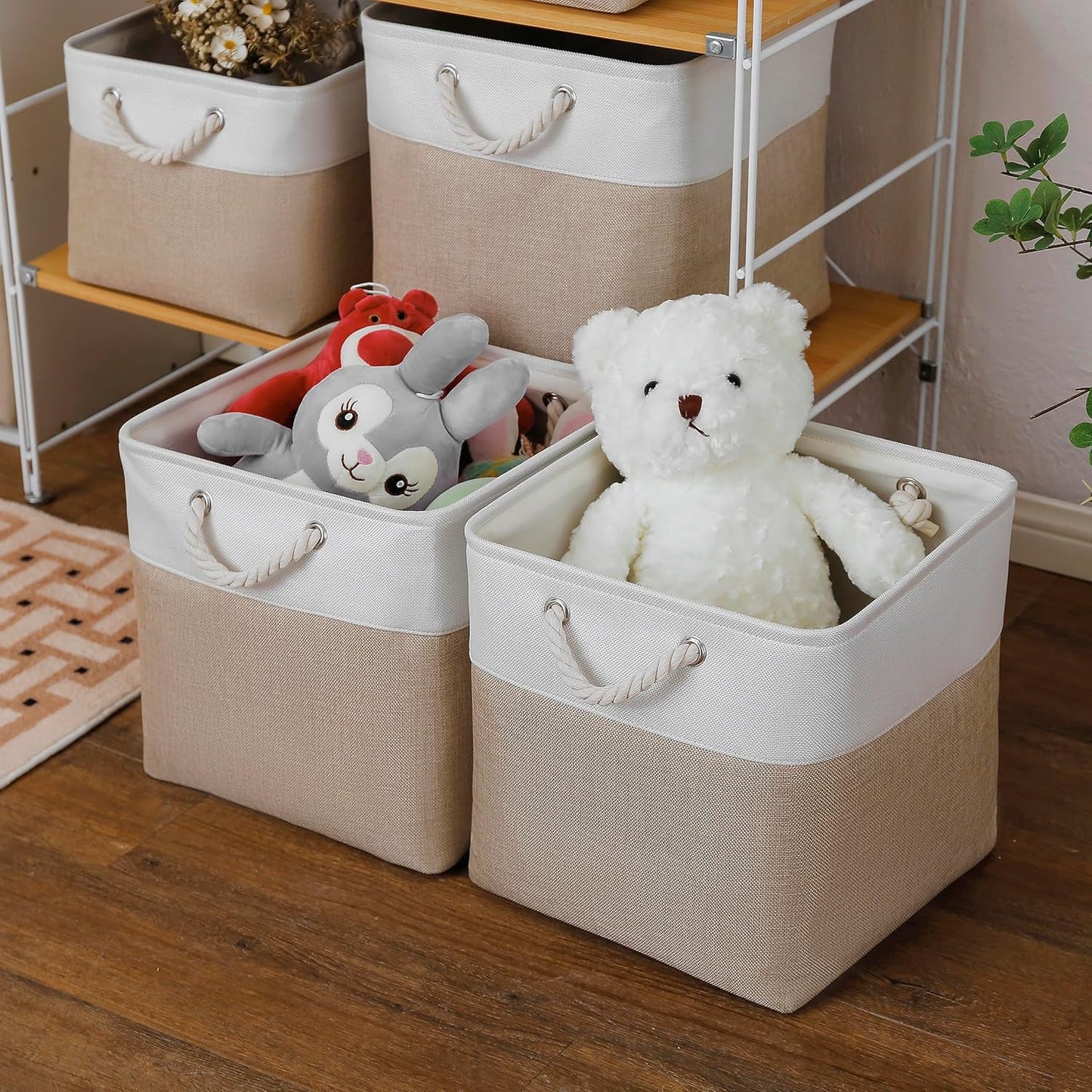 13 x 13 Inch Cube Storage Bins, 4 Pack Large Collapsible Fabric Storage Bin with Ropes, Foldable Storage Cubes for Home, Office,Closet, Clothes, Toys Organizer (White & Beige)