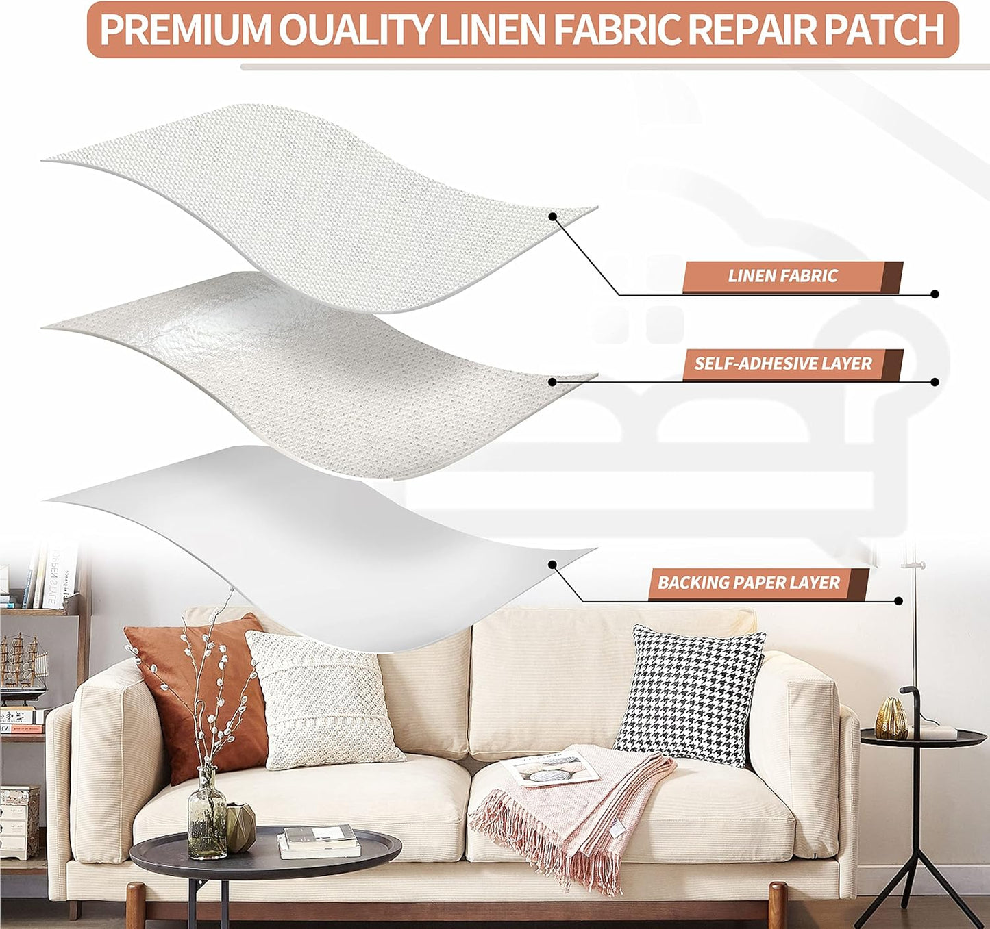 KING MOUNTAIN Fine Linen Repair Patches, Self-Adhesive Linen Fabric Patches, 12X40 inch Extra Size, Multi Color, Can be Used for Linen Sofa Repair and Linen Clothes Repair(12" x 40",White)