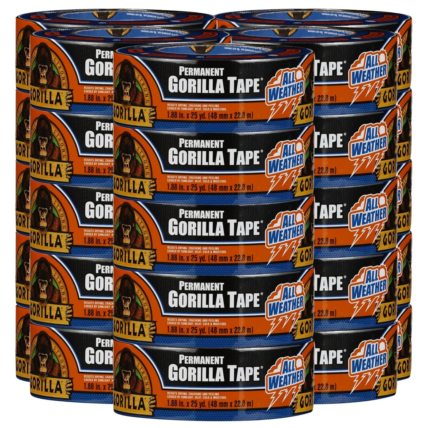 Gorilla All Weather Duct Tape, Black, 1.88" x 25 yd (Pack of 25) - UV and Temperature Resistant Waterproof Tape for Outdoor Repairs