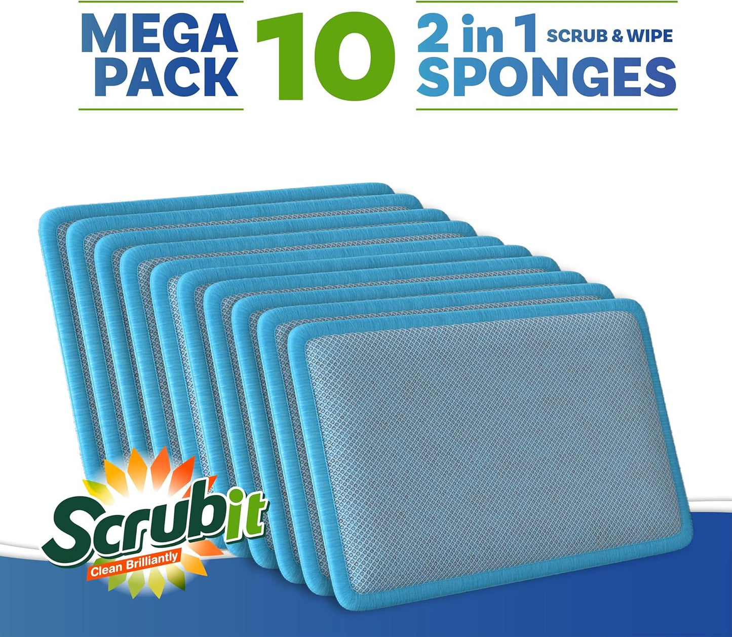 Scrub and Wipe Cleaning Sponges [10 Pack] – SCRUBIT Dual Sided Scouring Pad and Sponge - Reusable Kitchen Scrubbing Sponges for Dishes, Pots, Pans Utensils & Non-Stick Cookware (Blue)
