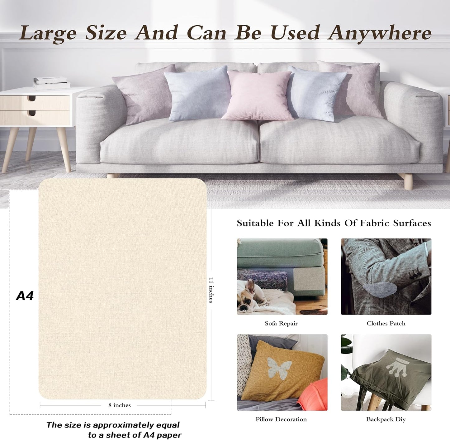 KING MOUNTAIN Fine Linen Fabric Patches, Self-Adhesive, 8x11 inch, 2 PCS, Multi Color, For Linen Sofa and Clothes Repair (Off White, 8" x 11" - 2PCS)