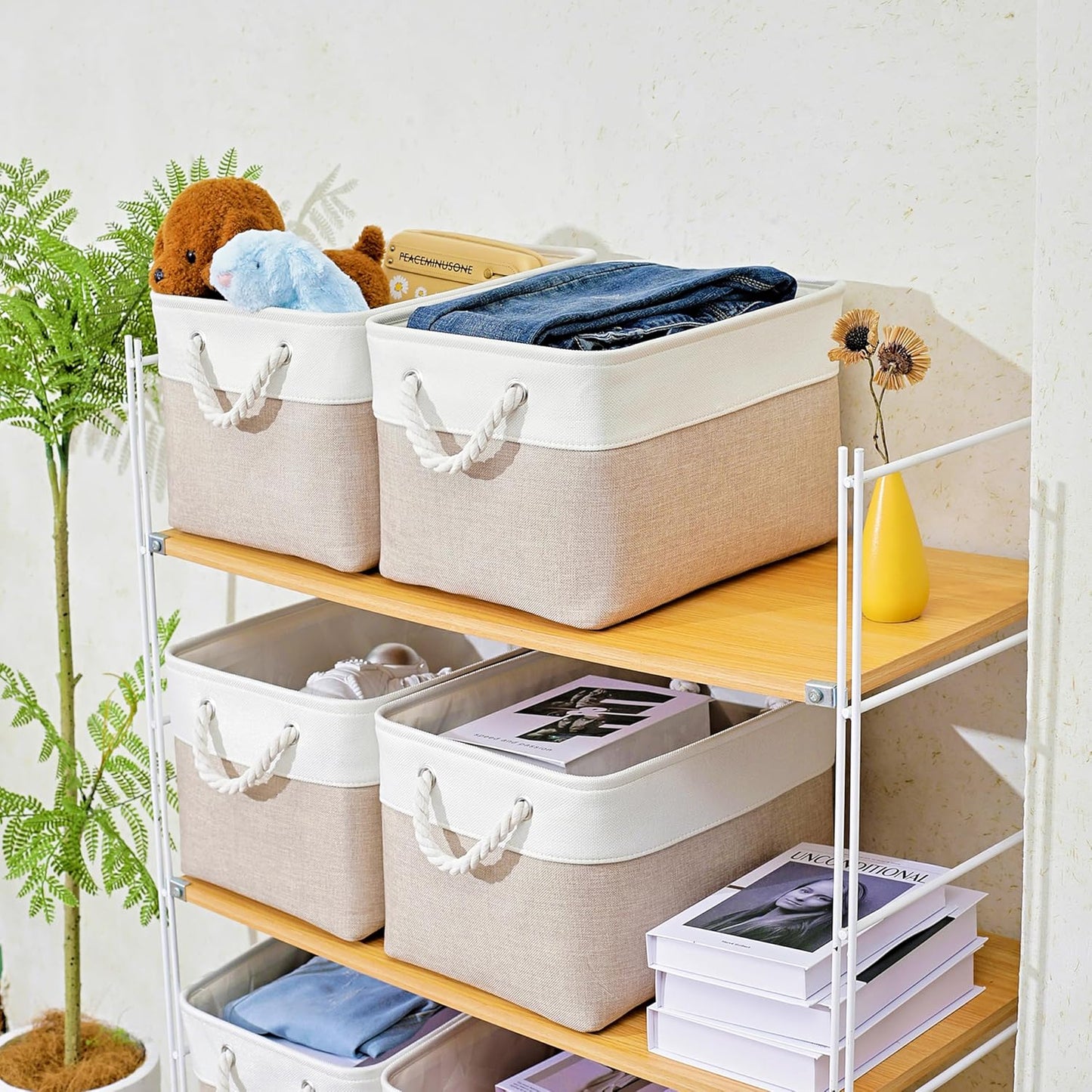 15x11x9.5 Inch Storage Baskets for Shelves,3 Pack Storage Bins，Foldable Organizer Boxes, Decorative Storage Basket for Organizing Clothes, Toys, Books, Foldable Cloth Baskets (White&Beige)