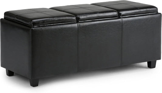 SIMPLIHOME Avalon 42 inch Wide Contemporary Rectangle Storage Ottoman in Midnight Black Vegan Faux Leather, Assembled, For the Living Room, Entryway and Family Room