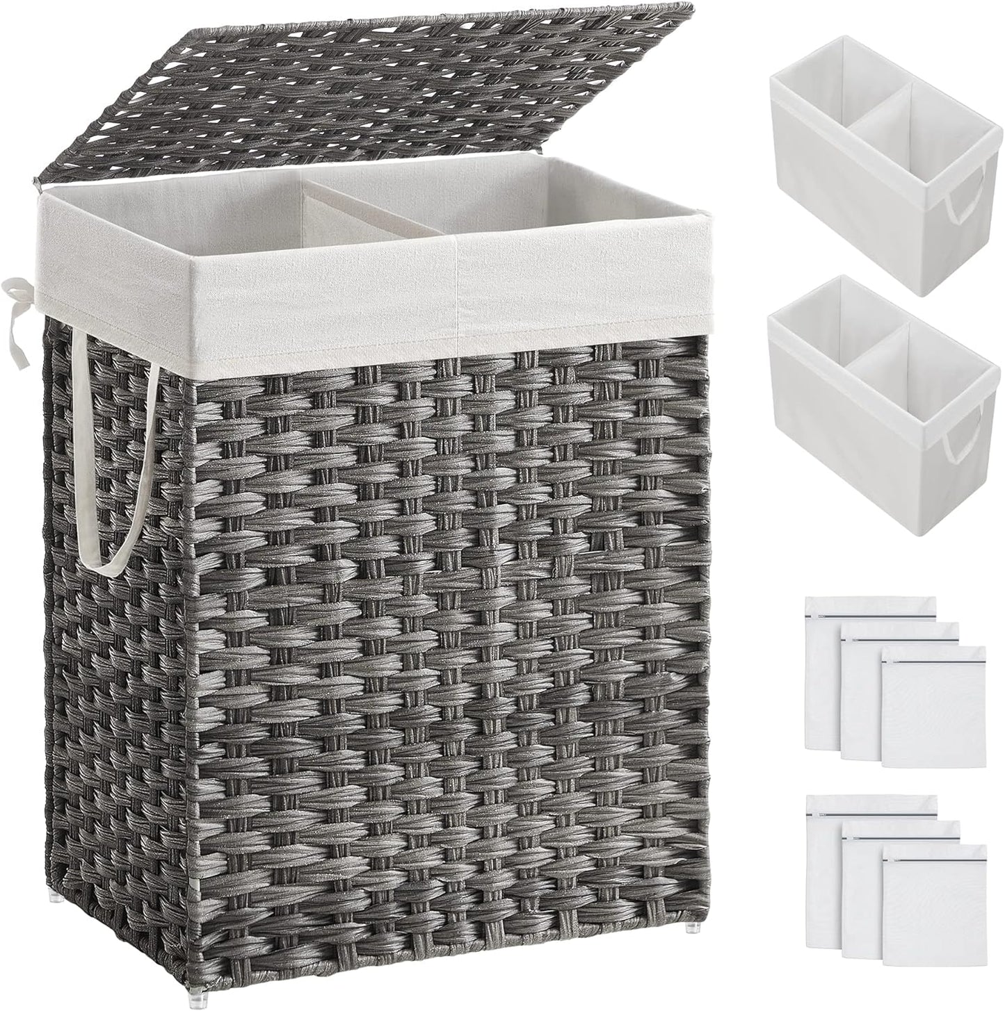 SONGMICS Laundry Hamper with Lid, 90L Clothes Hamper with 2 Removable Liner Bags, 6 Mesh Bags, Wicker Laundry Basket, Double Laundry Hamper for Bathroom, 13 x 18.1 x 23.6 Inches, Gray ULCB251G01V1