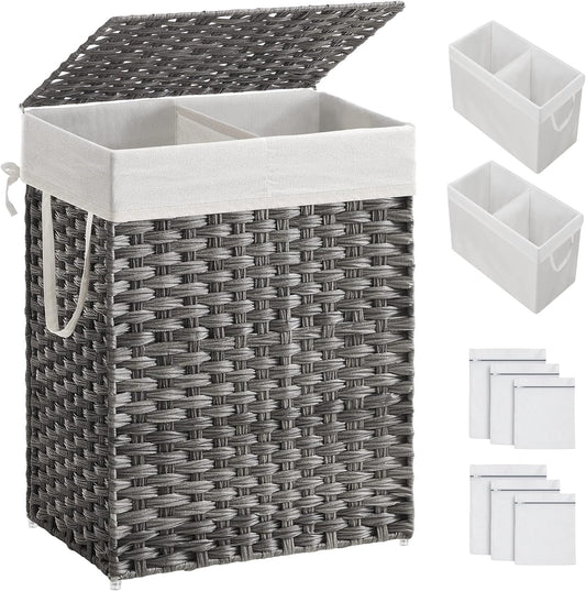 SONGMICS Laundry Hamper with Lid, 90L Clothes Hamper with 2 Removable Liner Bags, 6 Mesh Bags, Wicker Laundry Basket, Double Laundry Hamper for Bathroom, 13 x 18.1 x 23.6 Inches, Gray ULCB251G01V1