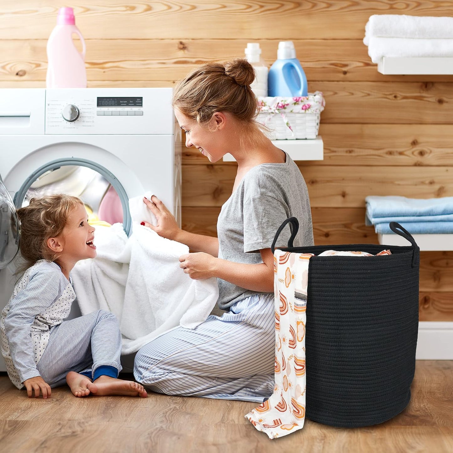 Black Cotton Rope Laundry Basket Hamper for Clothes Woven Storage Basket for Living Room Bedroom Boho Tall Rope Baskets for Blanket Toys Pillow Towels Baby Nursery Hamper Bin Large