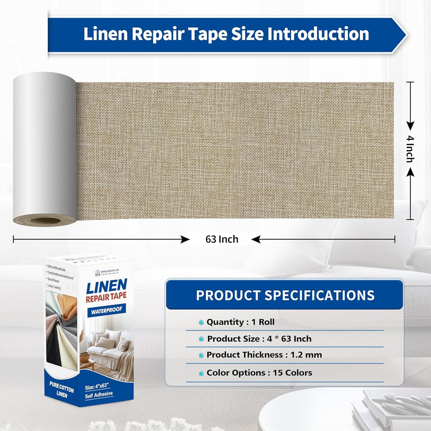 KING MOUNTAIN Linen Repair Patches, Self-Adhesive Fabric Patches, 4 X 63 inch Extra Size, Multi Color, Can be Used for Sofa Repair and Linen Clothes Repair (Cocoa Color)