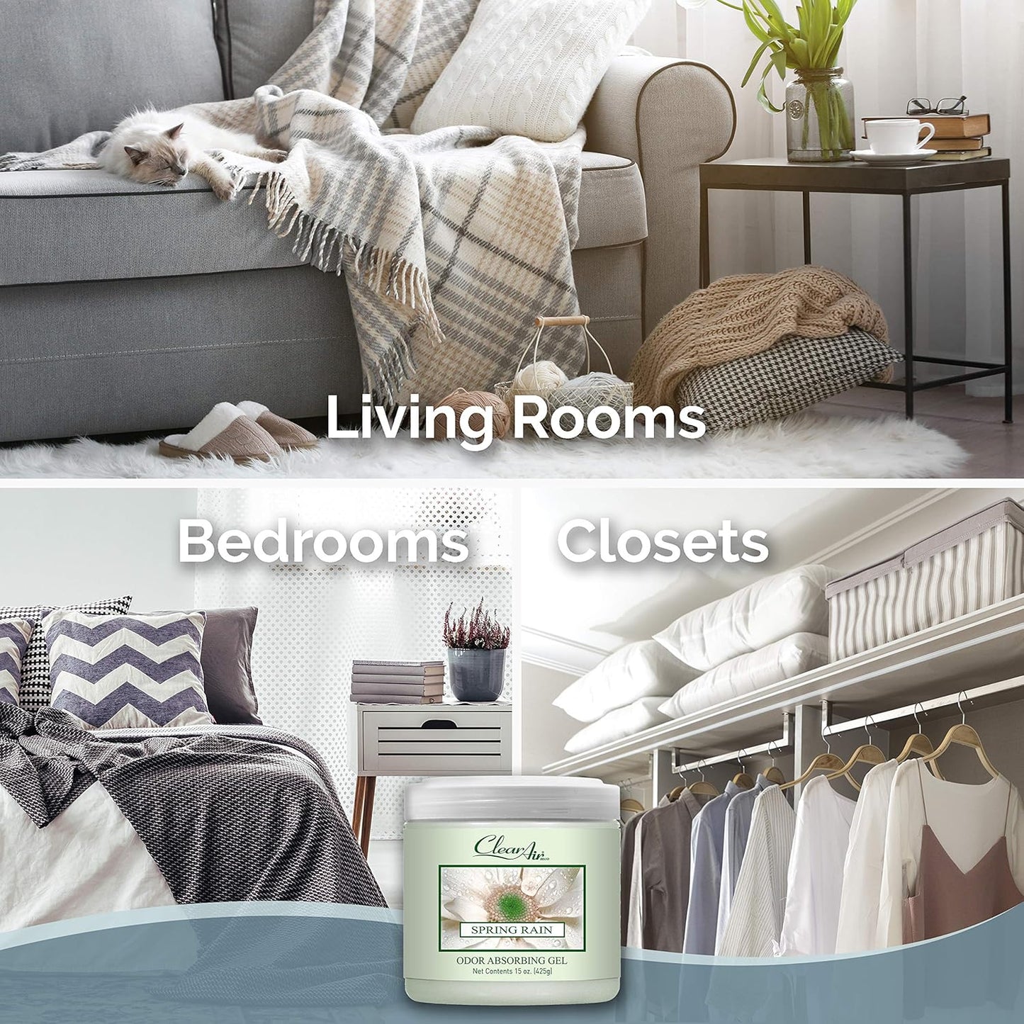 Clear Air Odor Absorber Gel - 15 oz, Pack of 2 - Air Freshener Absorbs and Eliminates Odors in Bathrooms, Cars, Boats, RVs and Pet Areas - Made with Essential Oils - Spring Rain Scent