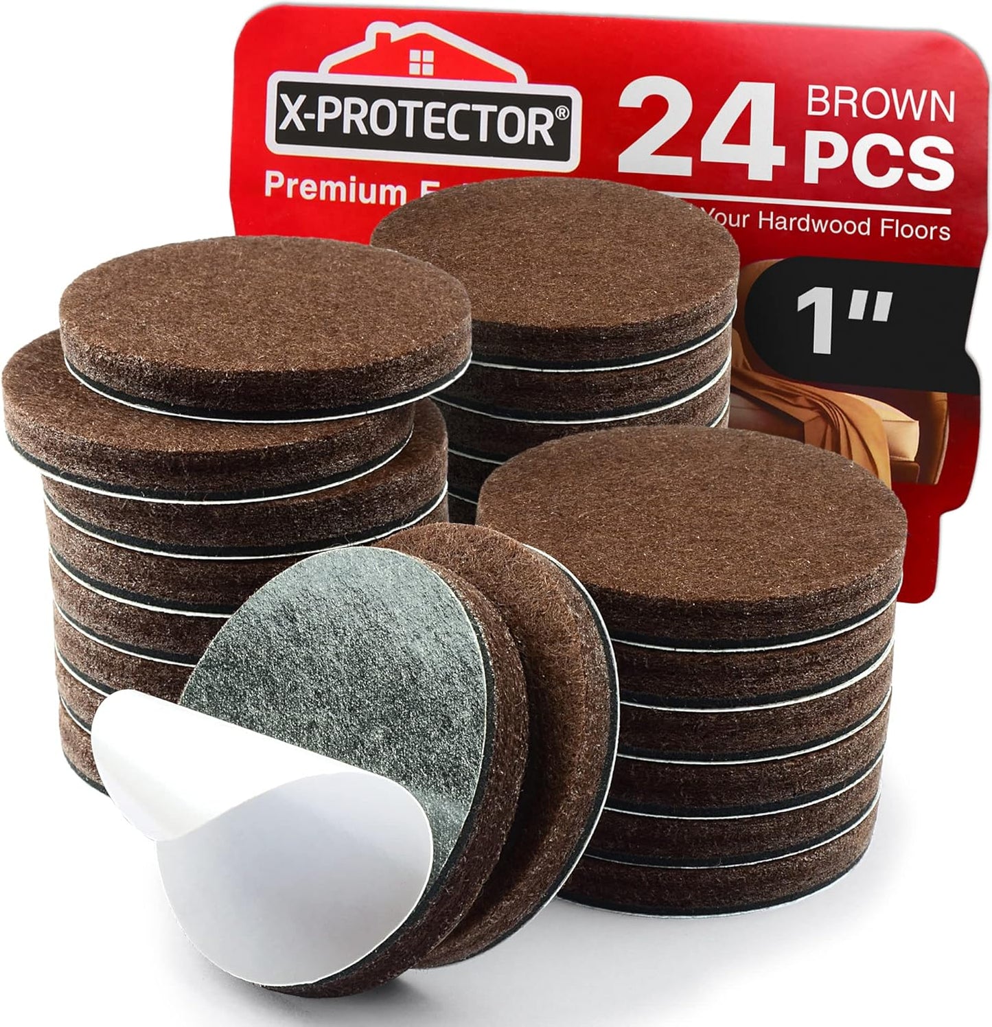 24 Heavy-Duty Felt Furniture Pads 1” 1/4” Thick X-Protector! Round Felt Pads for Furniture Feet - The Best Felt Floor Protectors for Furniture to Prevent Scratches. Protect Your Hard Floor! (Brown)