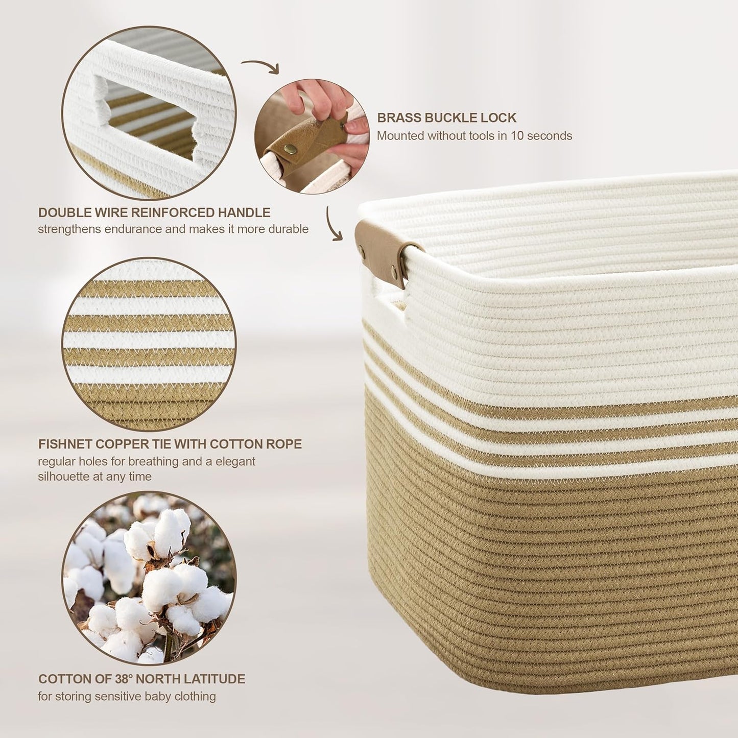 60L Large Laundry Basket with Leather Handles for Living Room Storage, Woven Rope BasketsBin for Blanket, Kids Toy, Gifts, Wicker Hamper for Bedroom Dirty Clothes, 21"x15"x11" Khaki