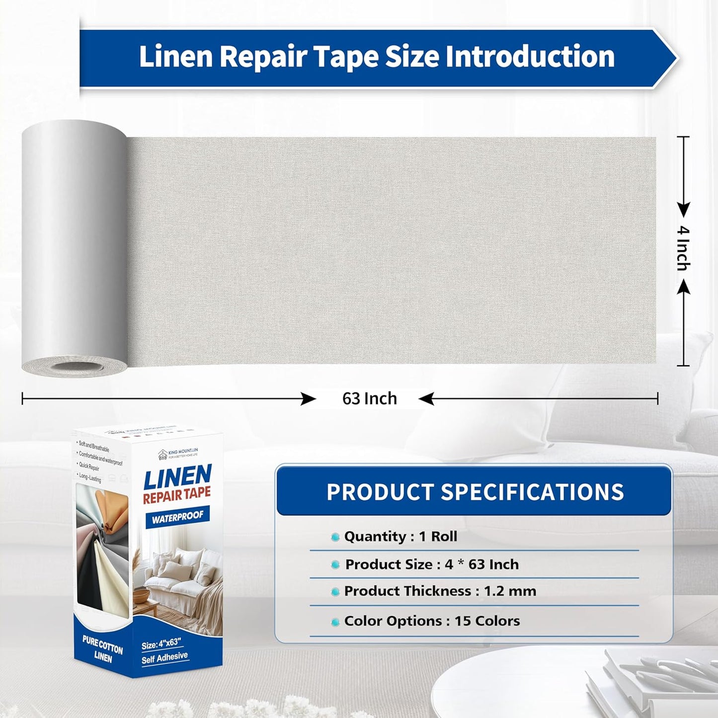 KING MOUNTAIN Linen Repair Patches, Self-Adhesive Fabric Patches, 4 X 63 inch Extra Size, Multi Color, Can be Used for Sofa Repair and Linen Clothes Repair (Beige)