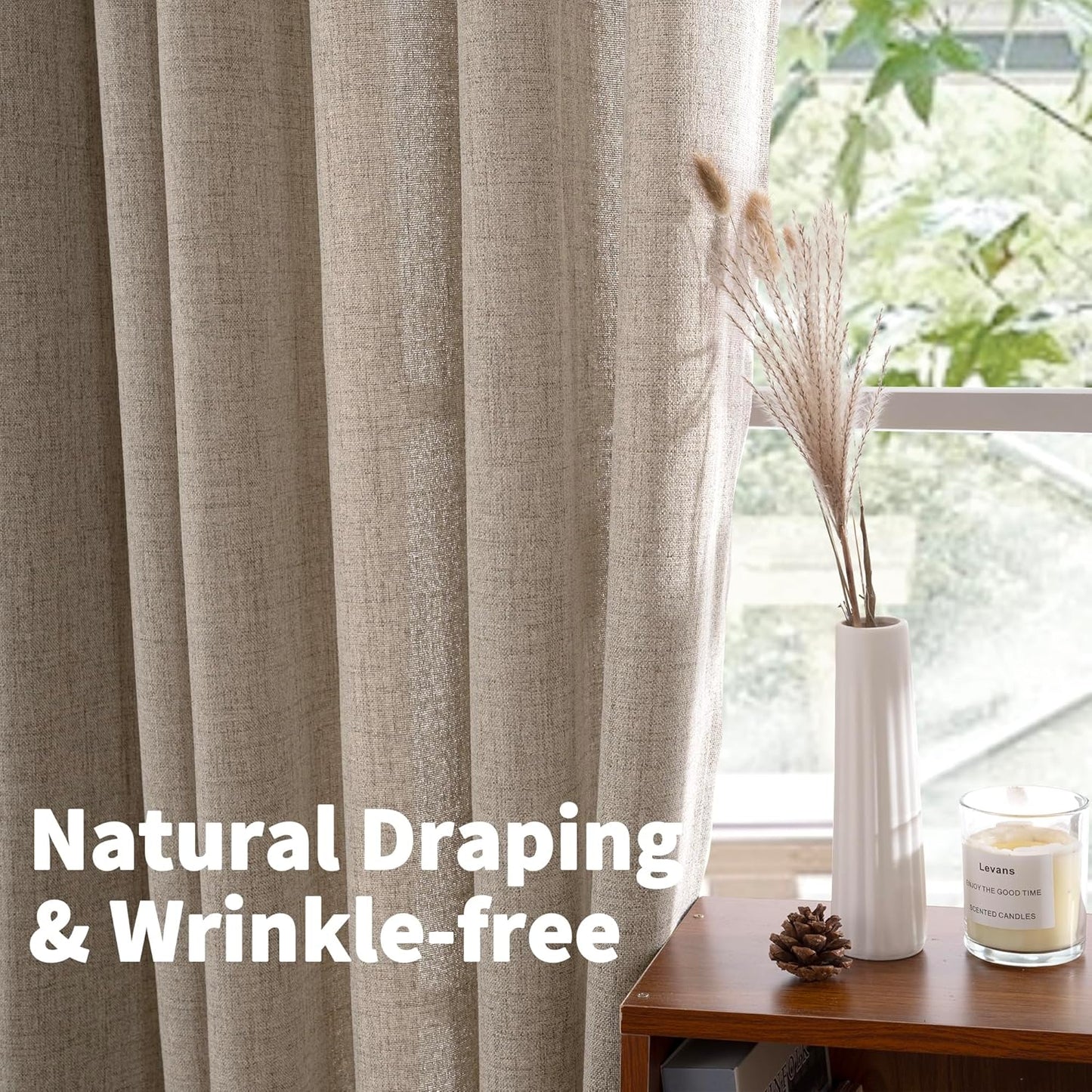 YoungsTex Dark Oatmeal Linen Curtains 54 Inch Length for Short Windows, Tan Semi Sheer Drapes Light Filtering with Rod Pocket Back Tab for Living Room Kitchen Bathroom, 2 Panels, 42 X 54 Inch