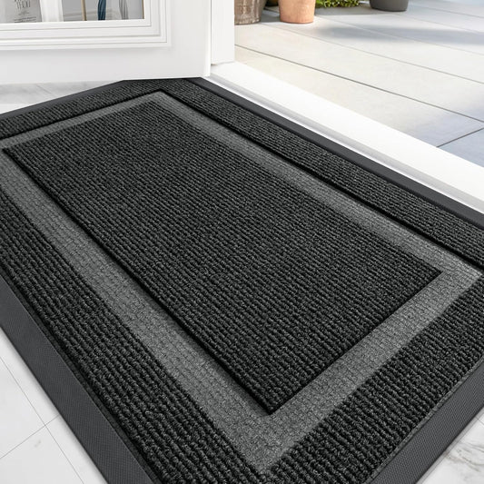 OLANLY Front Door Mat Indoor Outdoor Entrance, Waterproof All-Season, All-Weather Doormat, Sturdy Natural Rubber, Fade Resistant, Low Profile, Easy Clean Patio Porch Entryway Mat, 59x20, Black