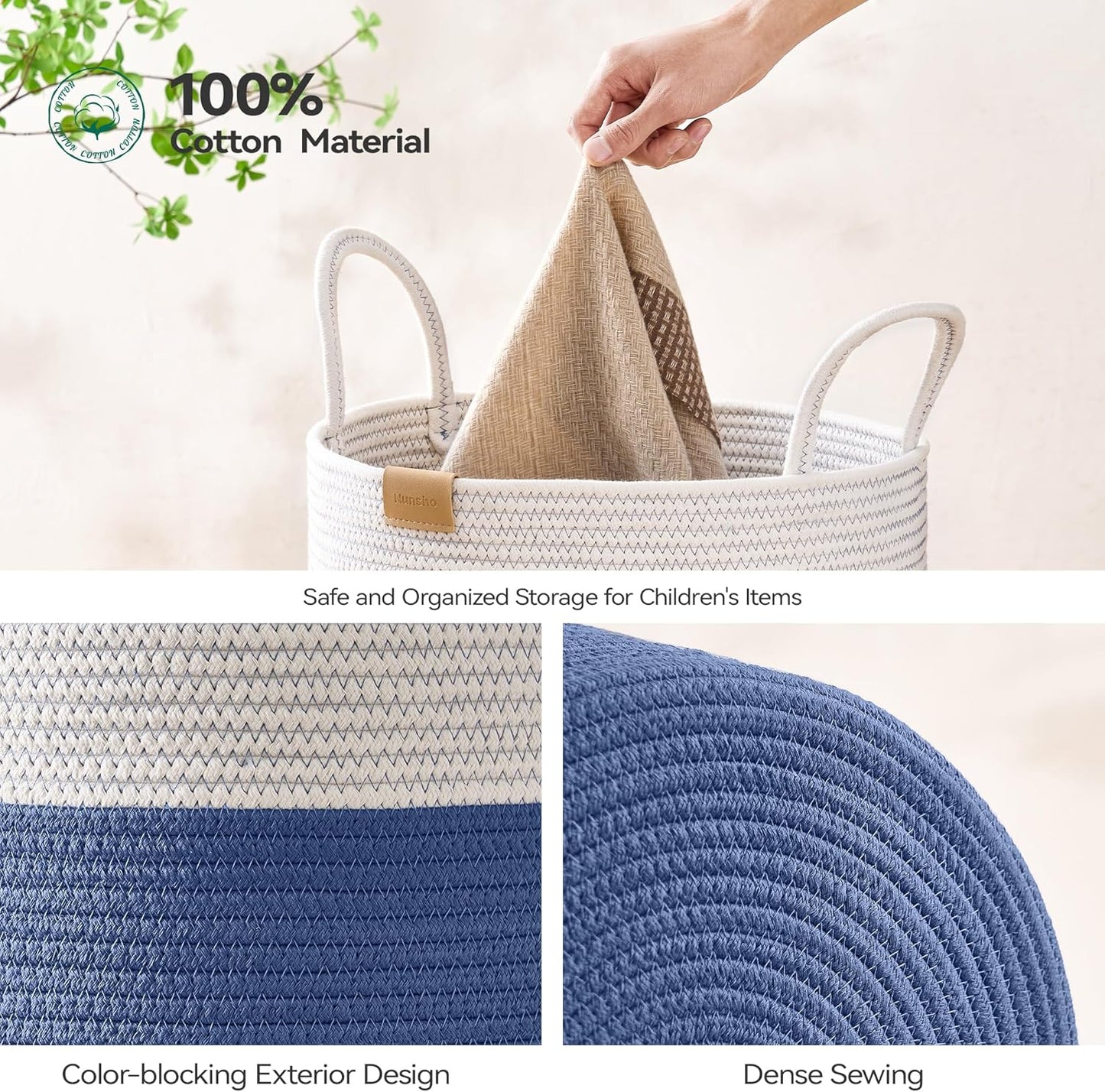 Laundry Hamper 95L,Large Laundry Basket for Clothes,Decorative Storage Basket for Blankets,Cotton Rope Woven basket for bedroom,Navy Blue