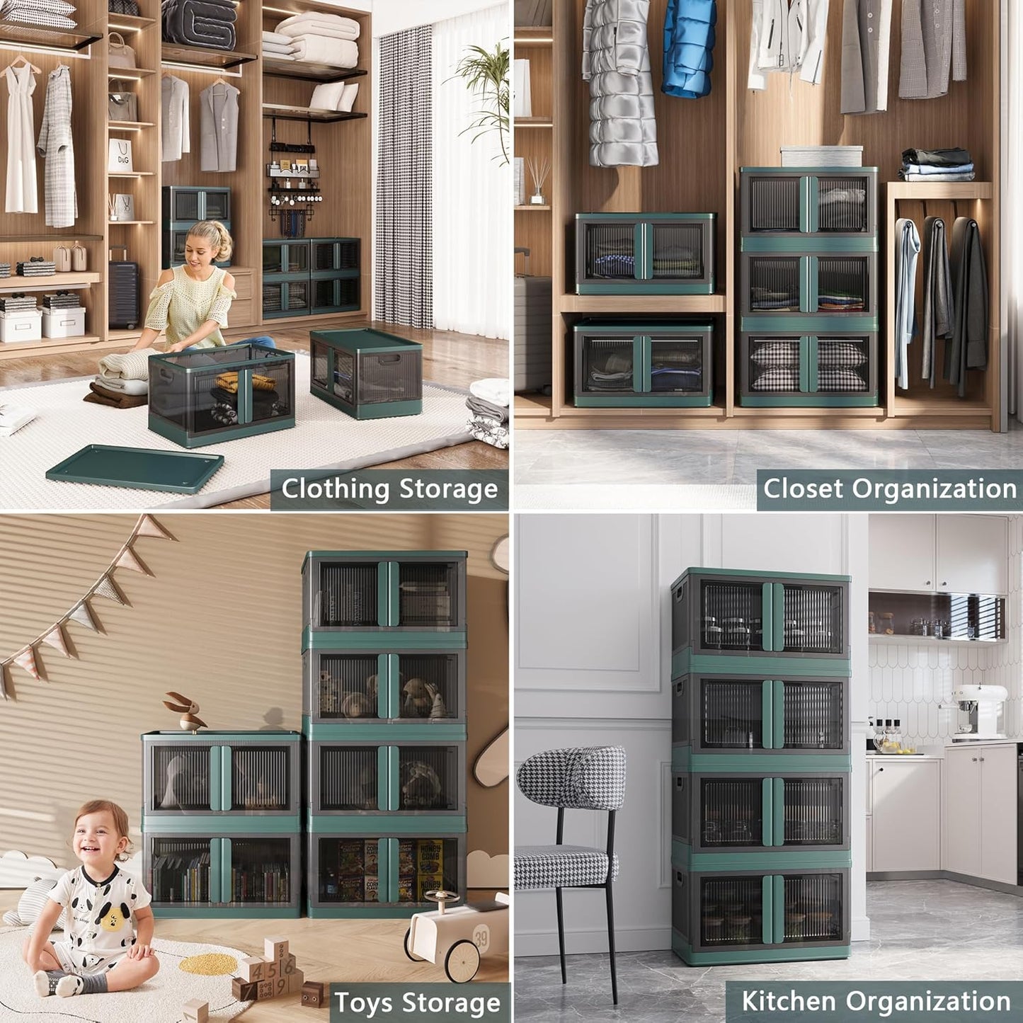 19Gal Collapsible Storage Bins with Lids & Wheels - 4 Pack Stackable with Doors, Heavy-Duty Plastic Containers for Home/Office, Green