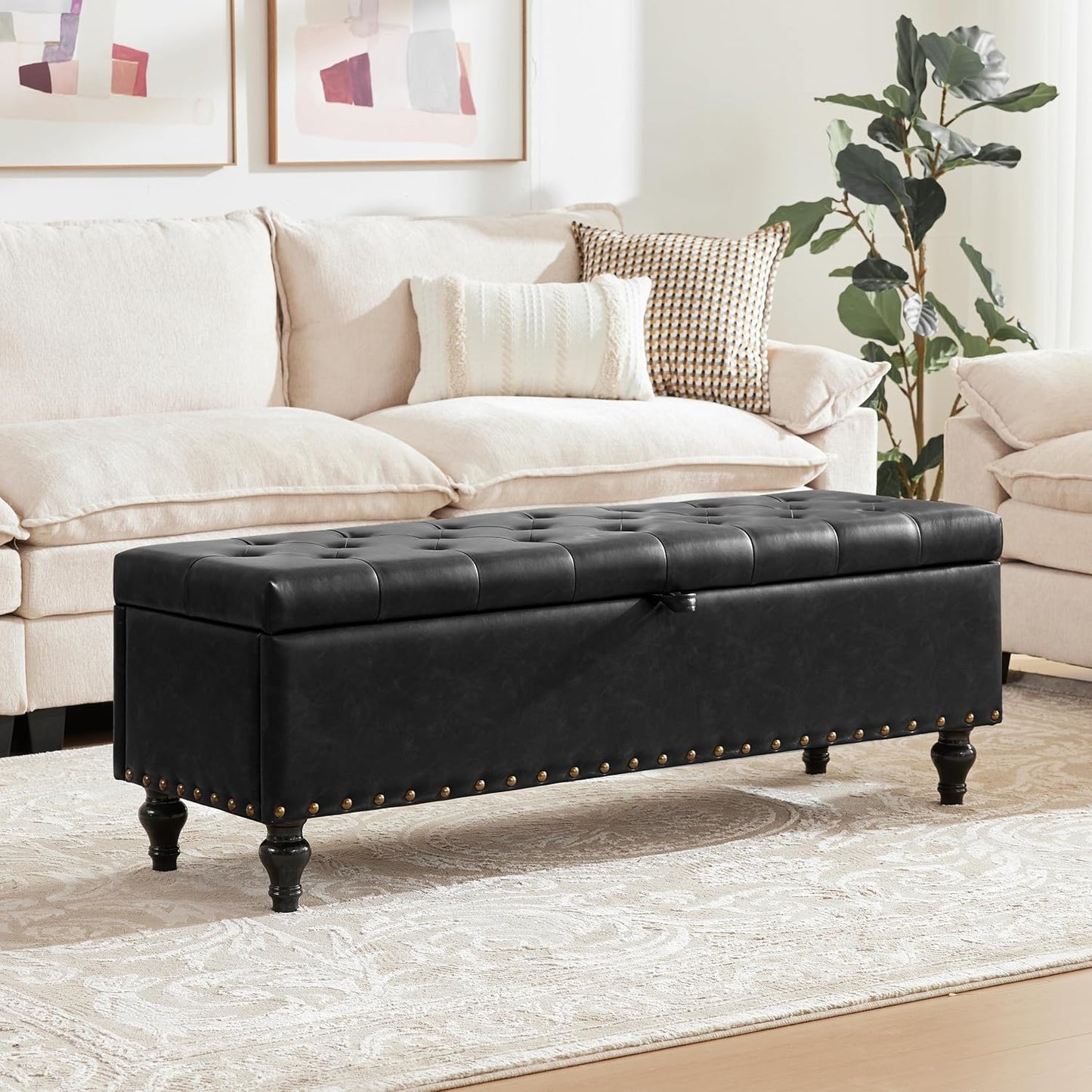 51.8’’ Storage Ottoman Bench, Faux Leather Ottoman with Storages, Window Benches Holds up to 330lbs, Upholstered Storage Bench for Bedroom, Living Room, Entryway and Family Room, Black